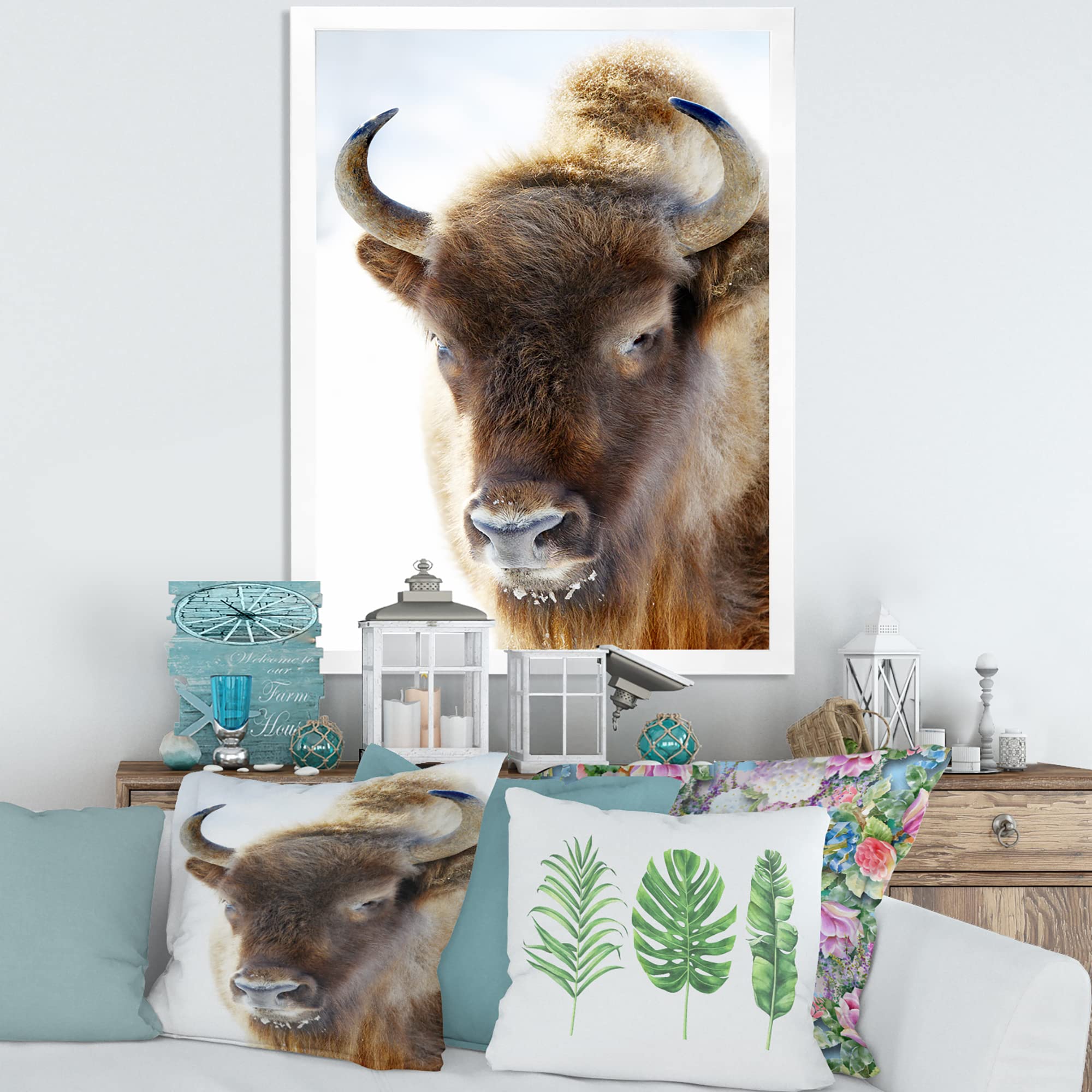 DesignQ Wild Bison Framed Wall Art - Rustic Farmhouse Decor for Living Room, Bedroom & Office