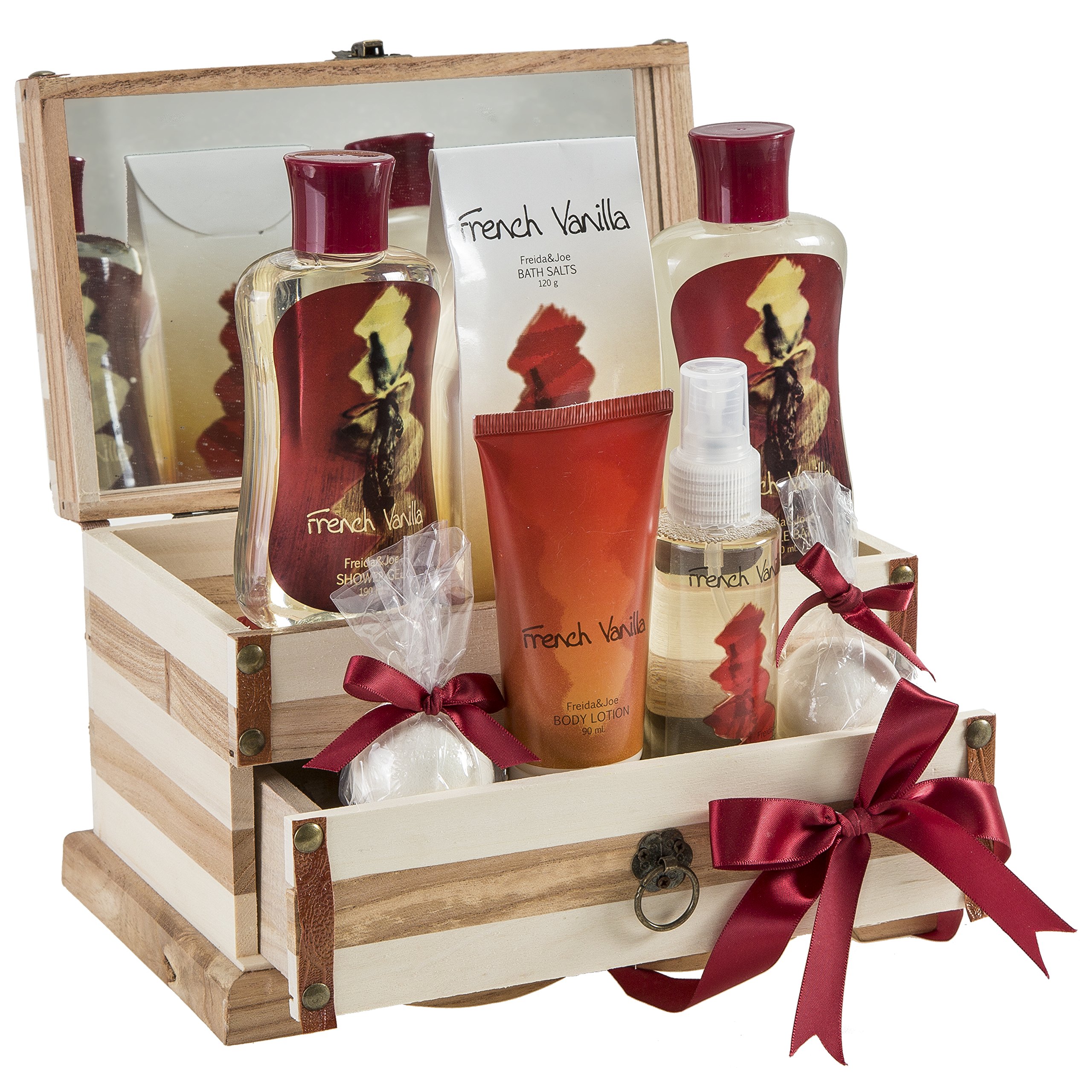 French Vanilla Bath Set - Essential Bath & Body Gift Basket with 2 Vanilla Bath Bombs, Moisturizing Body Lotion, Refreshing Body Spray, Relaxing Bath Salts in Elegant Wooden Jewelry Box - Perfect Spa Gift for Women, Birthday & Anniversary Present