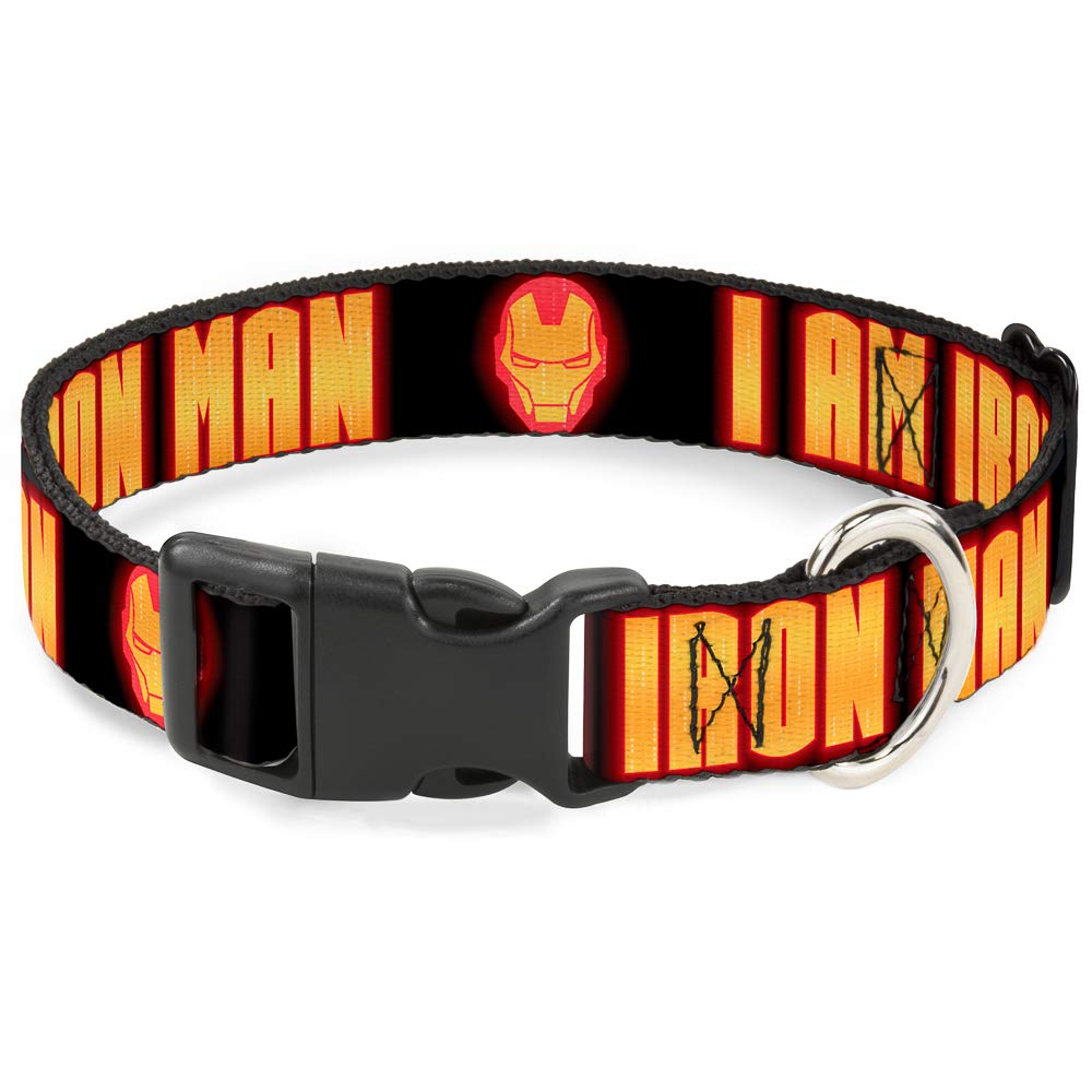 Iron Man Dog Collar with Plastic Clip - Black & Yellow Glow, 11-17 Inches, 1.0 Inch Wide | Marvel Superhero Pet Accessory for Cosplay & Daily Walks