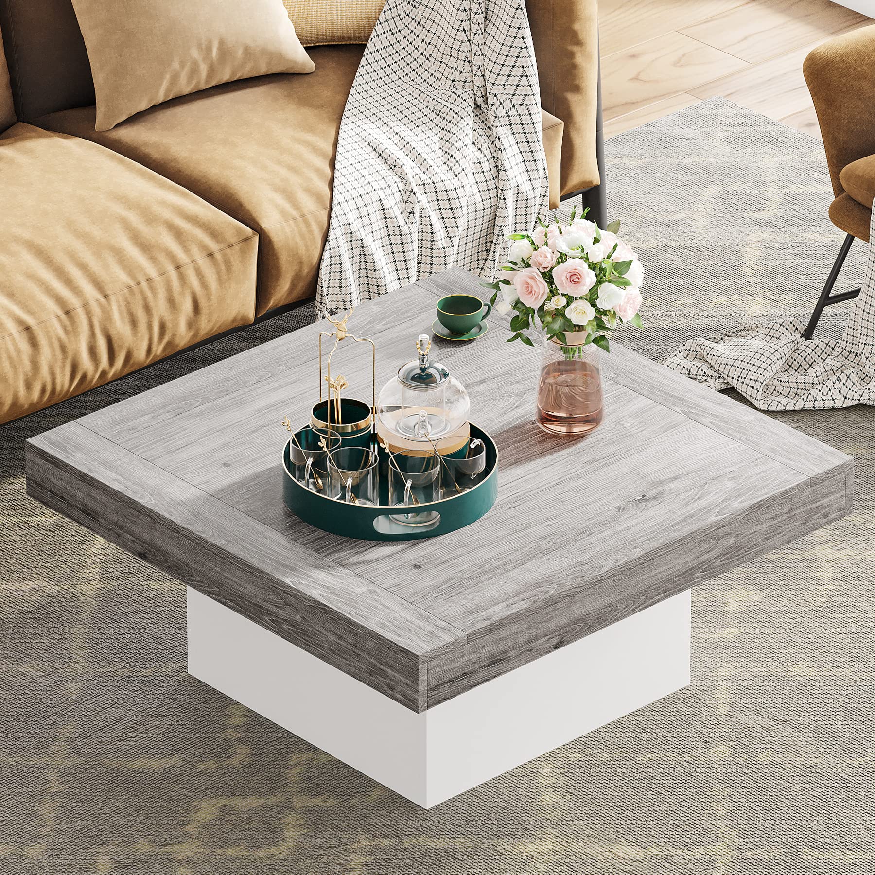 Tribesigns Modern Square LED Coffee Table with Storage - Engineered Wood Living Room Furniture in Grey & White - Perfect for Small Spaces, Apartments & Home Decor