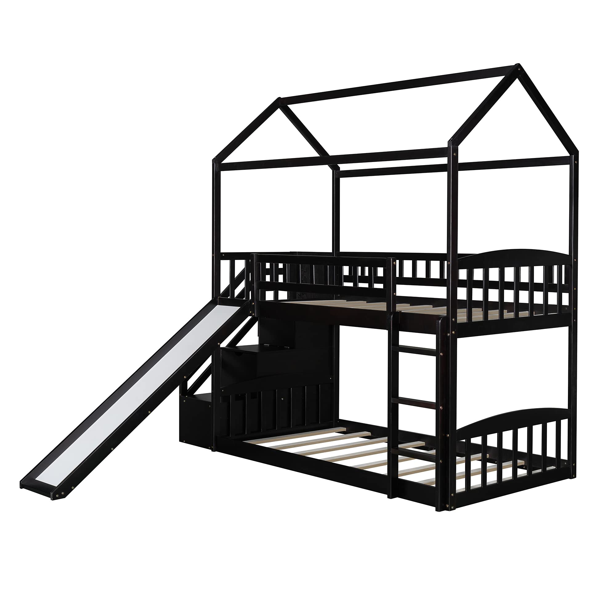 Twin Over Twin Wooden House Bunk Bed with Slide, 2 Drawers, Roof & Guardrails - Kids/Teens Bedroom Furniture, No Box Spring Needed (Espresso) - Perfect for Space-Saving Kids Rooms, Sleepovers & Play Areas
