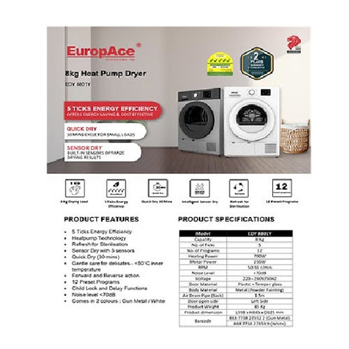 Europace EDY8801YGM/EDY8801YWH 8kg Heat Pump Dryer - Energy Efficient Laundry Solution for Home & Apartment Use