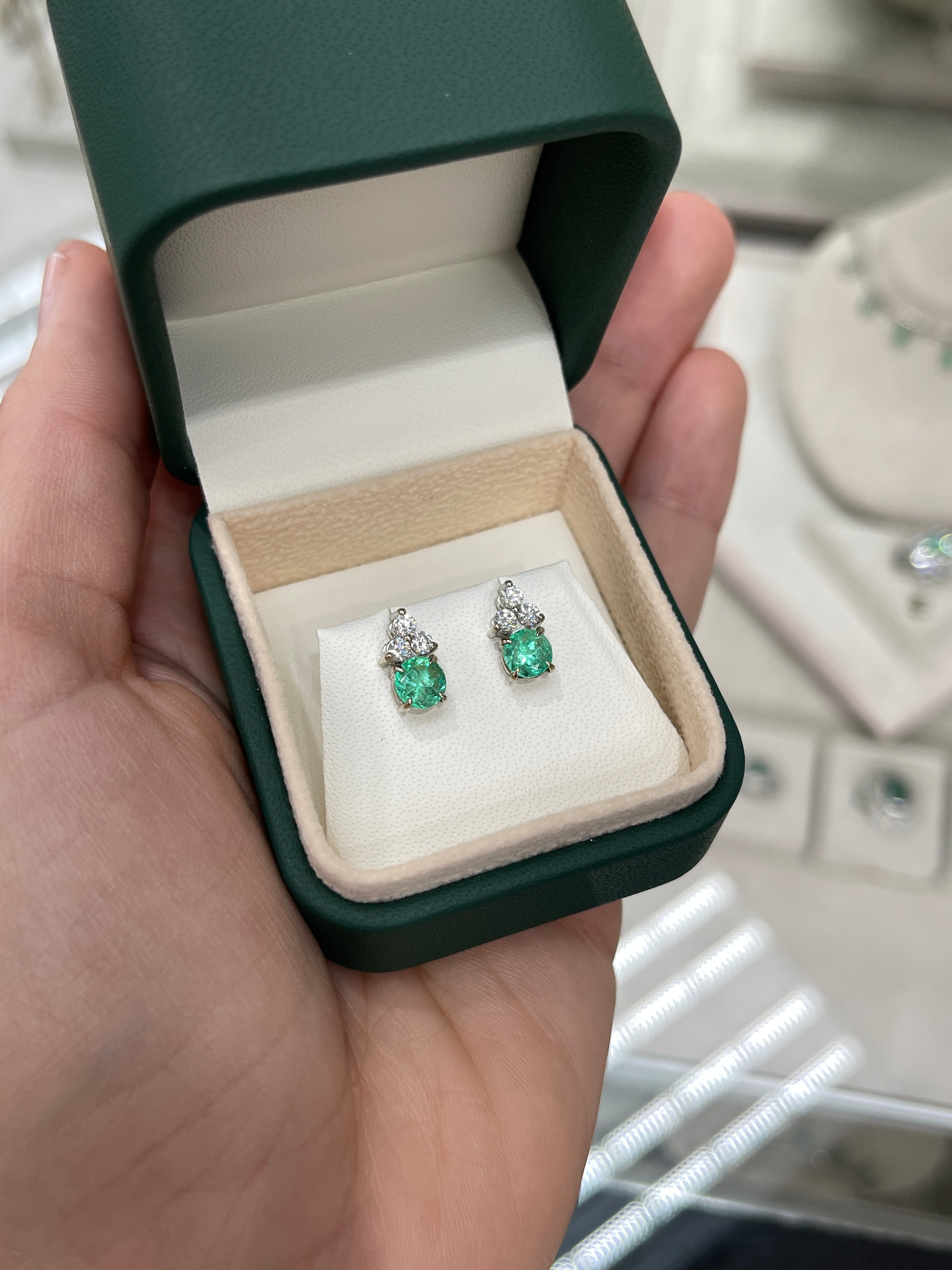 14K White Gold Colombian Emerald & Diamond Trio Stud Earrings | Natural Green Gemstone Jewelry for Women | Perfect for Weddings, Anniversaries & Special Occasions