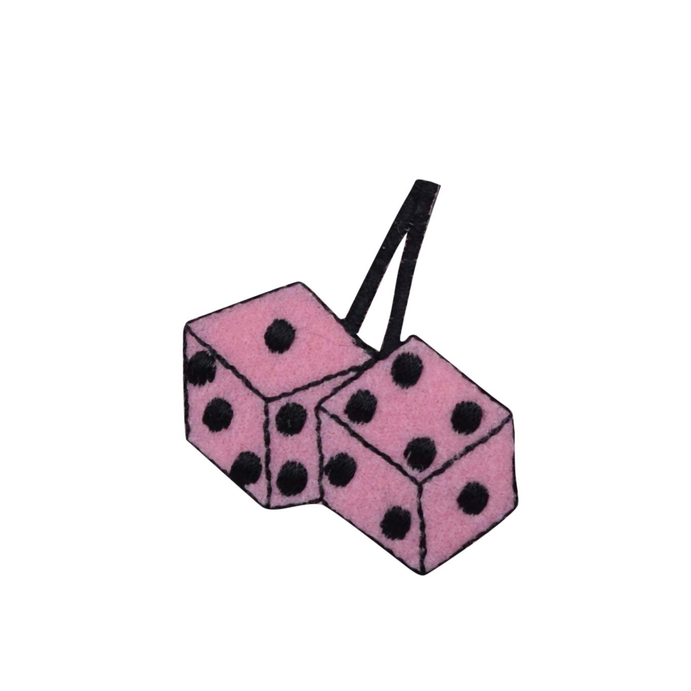 Pink Fuzzy Dice Embroidered Iron-On Patch for Jackets, Hats & DIY Crafts - Fun Car Accessory & Sewing Project