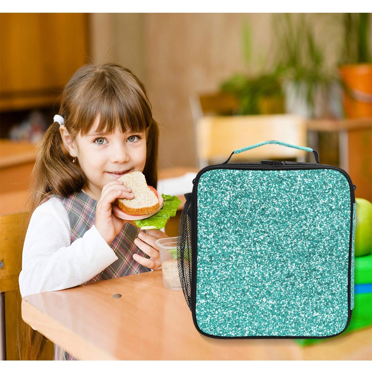 Glittery Teal Insulated Lunch Box - Large Thermal Lunch Bag for Women, Men & Kids - Meal Prep Cooler & Warmer with Adjustable Shoulder Strap - Perfect for School, Work, Picnics & Outdoor Activities