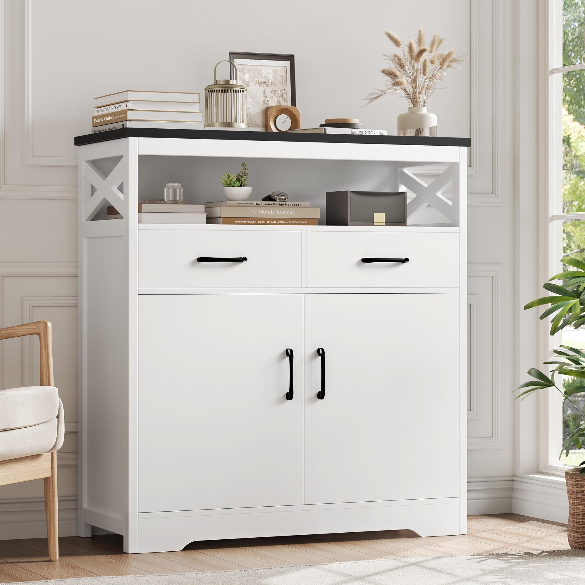 Modern Farmhouse Buffet Sideboard - Wood Kitchen Storage Cabinet with Shelves, Doors & Drawers - White and Black Coffee Bar Cabinet for Living Room, Dining Room & Home Decor - Perfect for Entertaining, Storage & Display