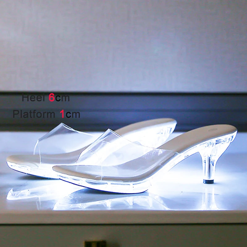6CM Women's LED Light Up Kitten Heel Sandals - Transparent Crystal Clear Heels for Nightclub, Party, Beach & Car Model Fashion (Shining High Heel Slippers) - Perfect for Evening Events, Dancing & Summer Outings
