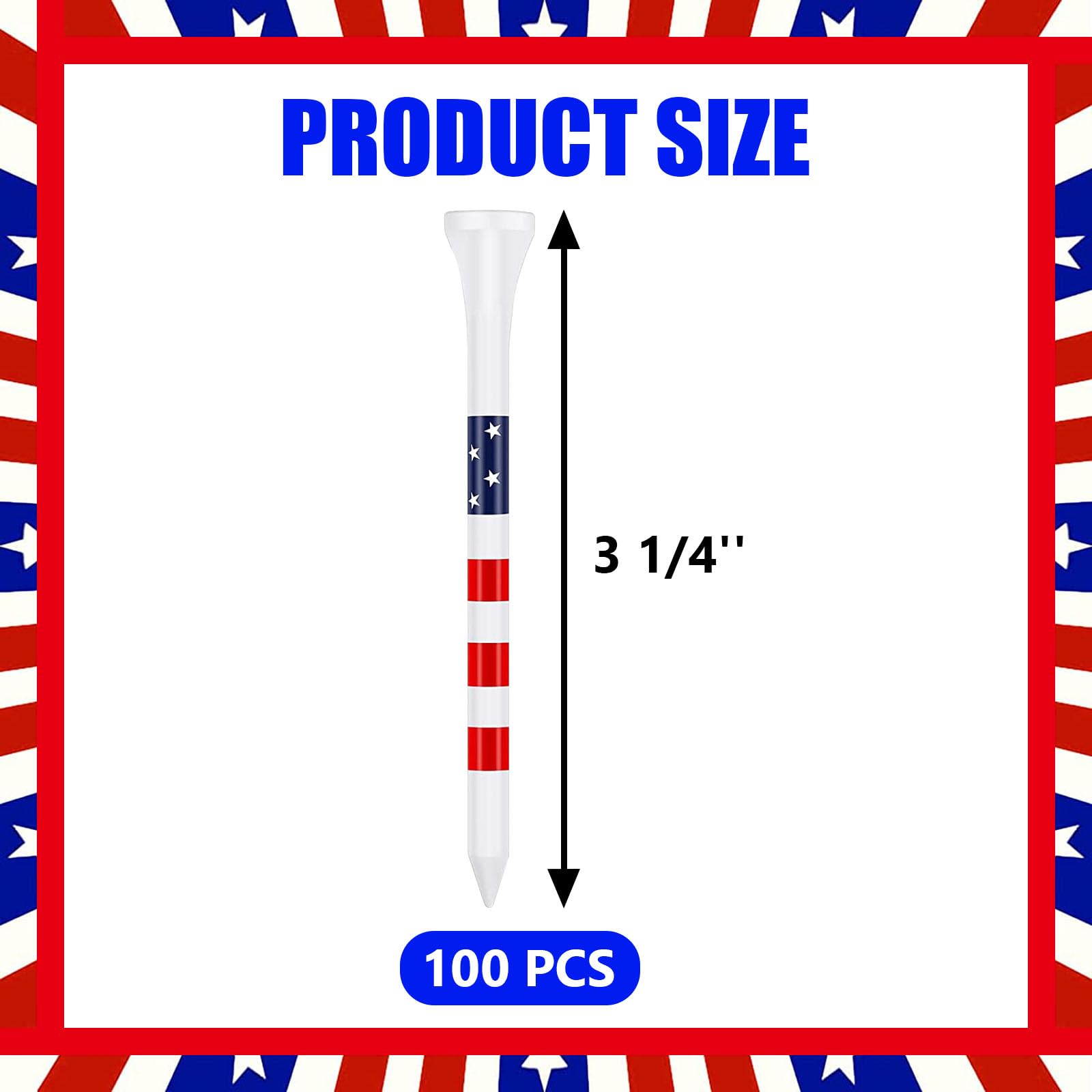 100 Pack 3-1/4 Inch Bamboo Golf Tees - Unbreakable USA Flag Design Wooden Tees for Men & Women - Perfect for Driving Range, Tournament Play & Backyard Practice