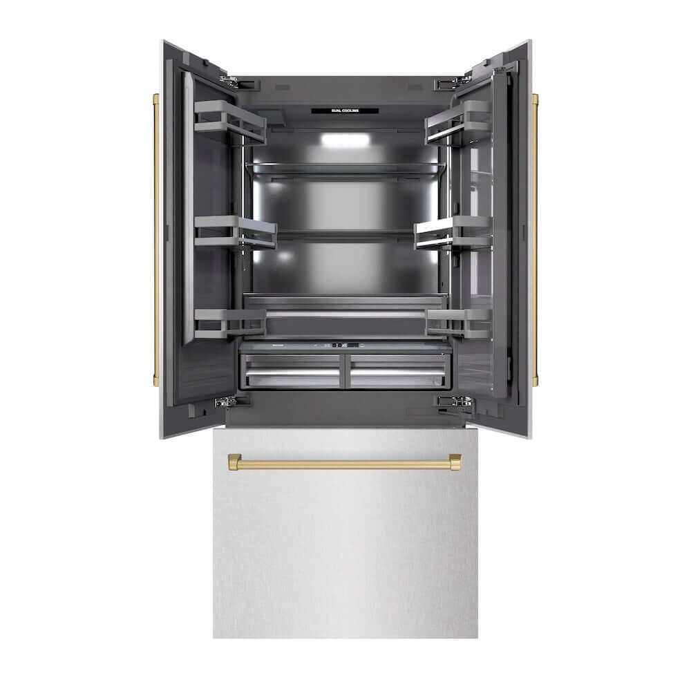 ZLINE Autograph Edition 36 Inch French Door Built-In Bottom Freezer Refrigerator - 19.6 cu.ft Capacity, Water Dispenser & Ice Maker - Satin Stainless Steel with Graphite Gray Interior & Champagne Bronze Accents (GRBIVZ SN 36 CB) - Perfect for Modern Kitchens, Open-Concept Homes & Luxury Appliances Collection