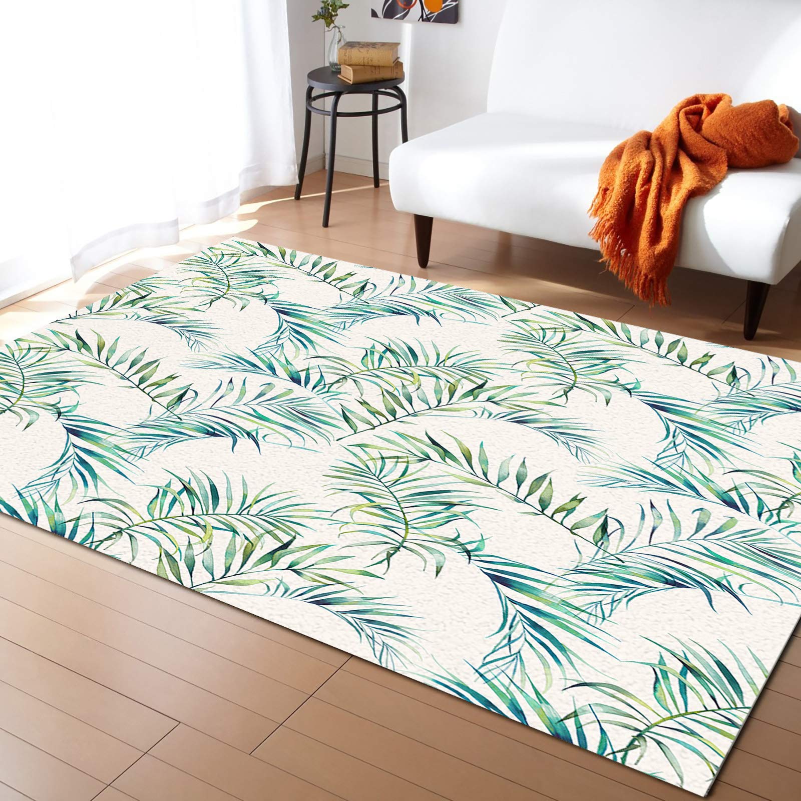 Non-Slip Washable 3'x5' Tropical Green Leaf Area Rug - Absorbent Kitchen Mat, Hallway Runner for Living Room, Bathroom, Bedroom - Perfect for High-Traffic Areas & Pet-Friendly Homes