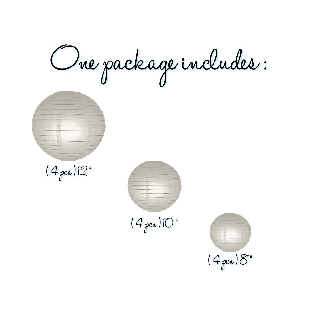 12-Piece Gray Chinese Paper Lantern Set - 12/10/8 Inch Hanging Decorations for Weddings, Parties & Home Decor | Perfect for Asian-Themed Events & Festival Celebrations