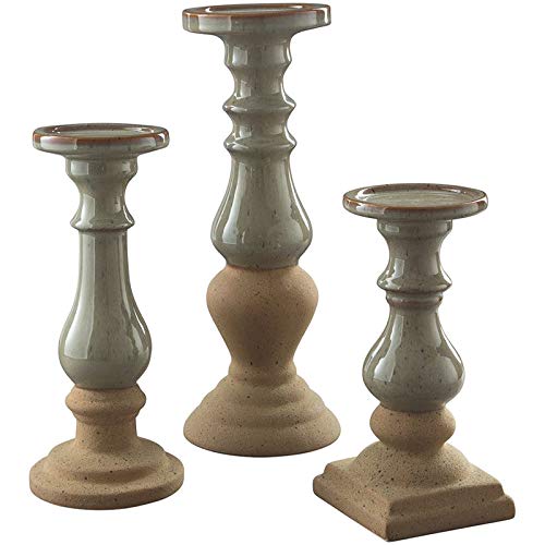 BOWERY HILL 3 Piece Ceramic Candle Holder Set in Taupe - Elegant Home Decor for Dining Table, Wedding Centerpiece & Relaxing Spa Atmosphere