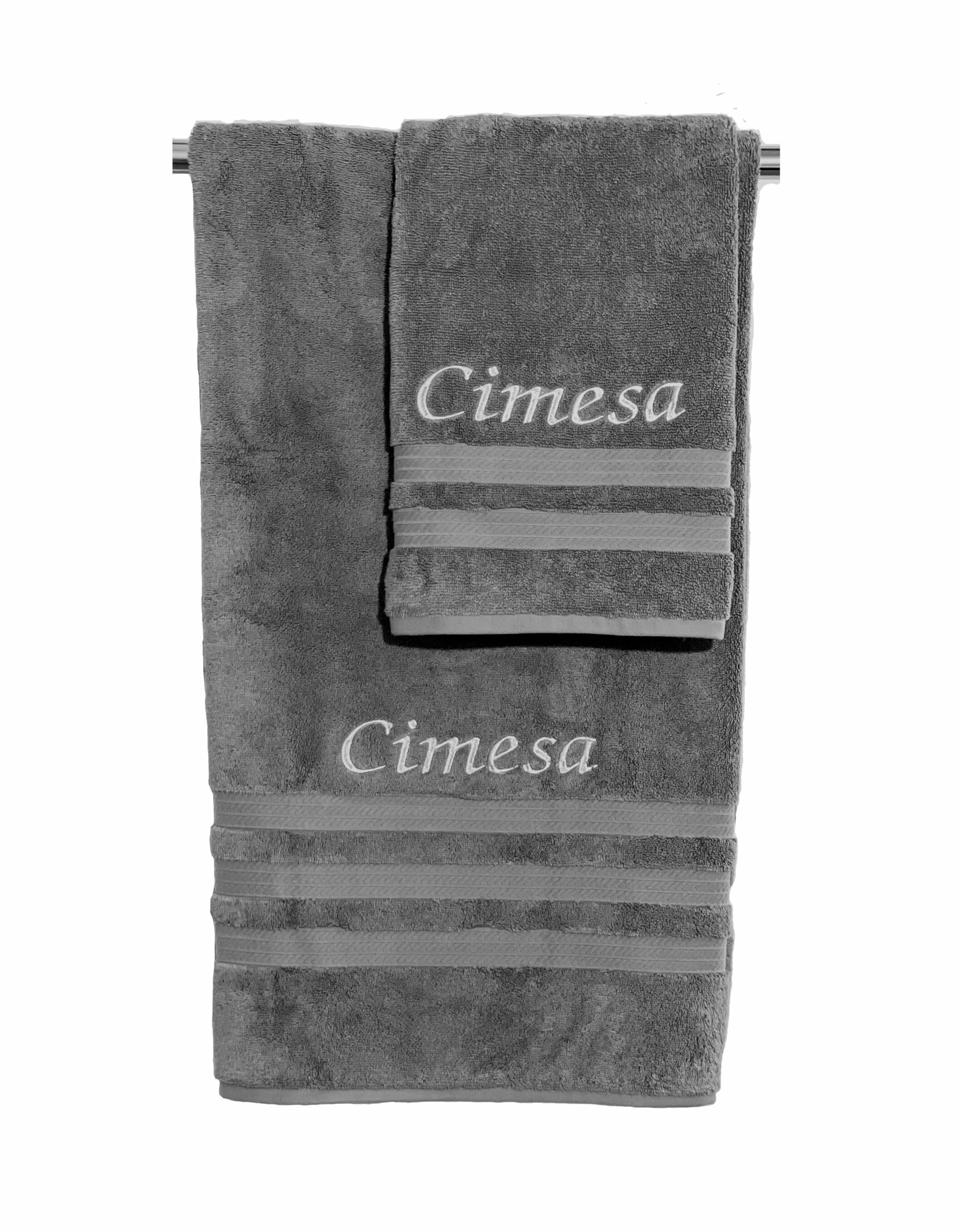 Premium Embroidered Bath & Hand Towel Set - 100% Cotton Luxury Personalized Monogrammed Towels (1 Bath + 1 Hand Towel) - Soft Absorbent Grey Bathroom Towels for Spa, Guest Bath & Luxury Home Decor