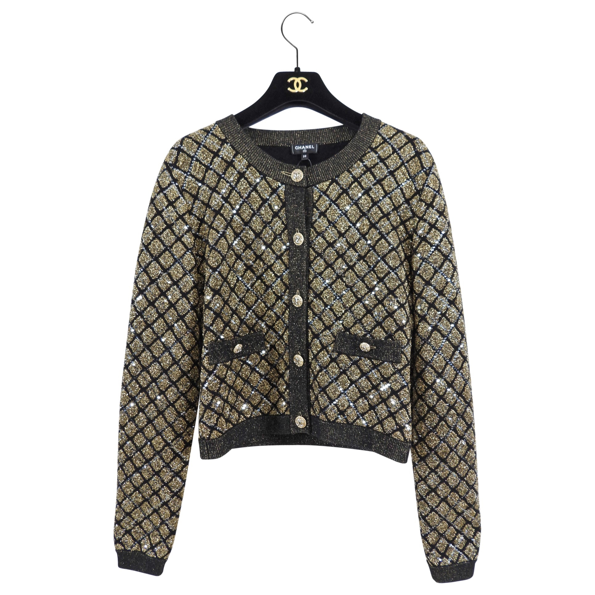 Chanel 20A Black & Gold Shimmer Knit Cardigan Sweater for Women - Soft Luxury Cashmere Blend - Perfect for Evening Parties & Date Nights (Size S/M)