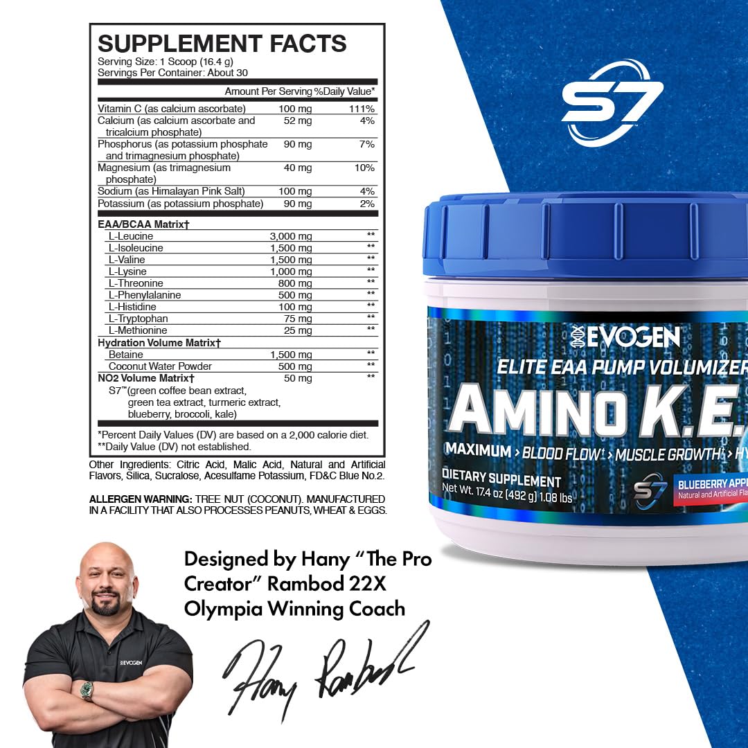 Evogen Amino K.E.M. - EAA & BCAA Powder Pump Volumizer | Essential Amino Acids Supplement for Muscle Growth, Hydration & Blood Flow | Blueberry Apple Flavor | 30 Servings | Pre-Workout & Post-Recovery Drink for Athletes & Fitness Enthusiasts