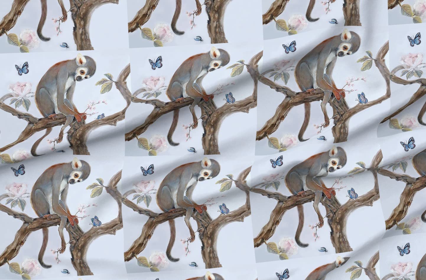 Monkey Cherry Branch Butterflies Birds Aqua Olive Lavender Peonies Printed Petal Signature Cotton Fabric by The Yard - Premium Spoonflower Fabric for Sewing, Quilting, Apparel, Crafts & Home Decor - Perfect for DIY Projects, Curtains & Upholstery