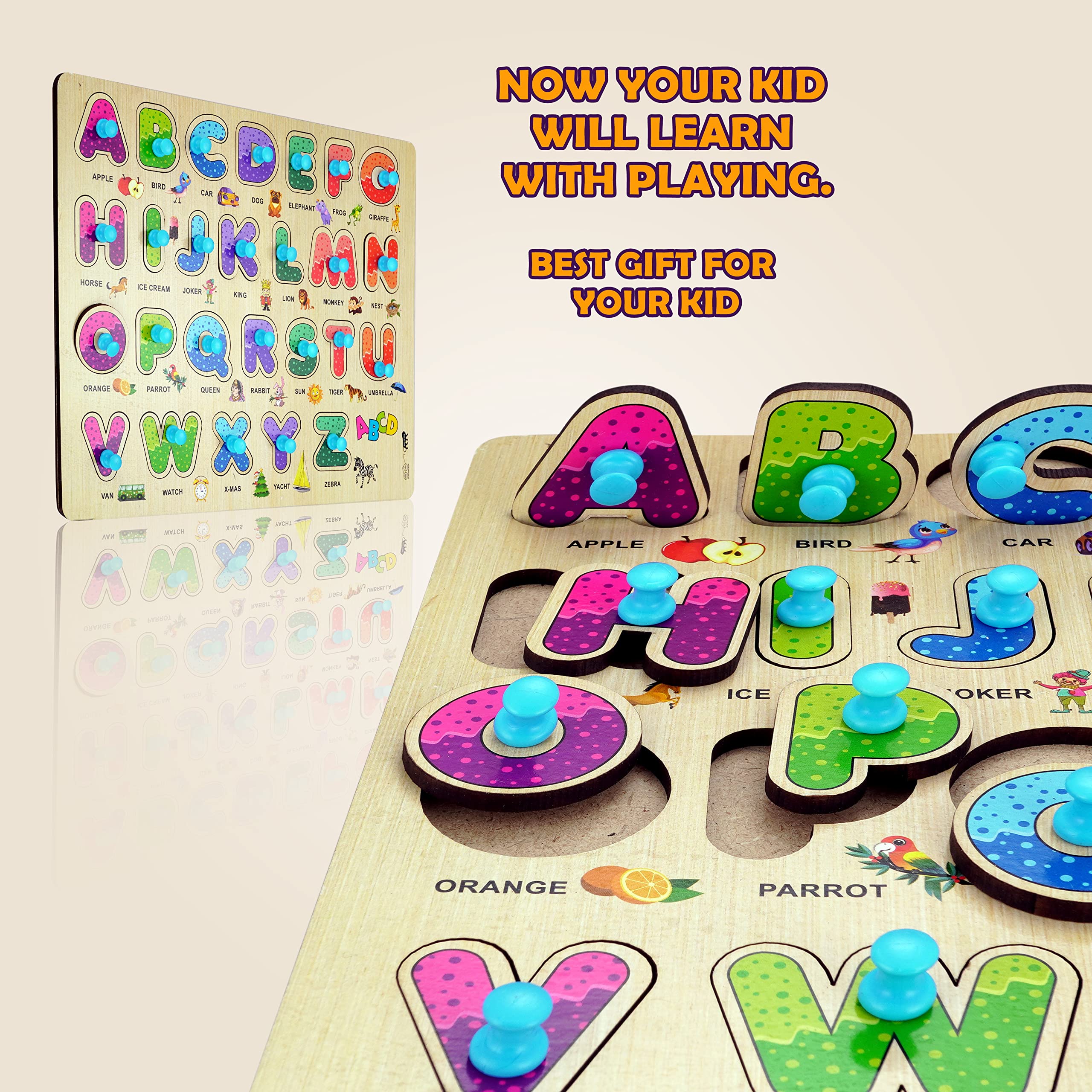 HIGHROOF® Wooden Alphabet ABCD Puzzle - Educational Learning Toy for Kids Ages 3+, Toddlers & Adults - Montessori Board Game for Letter Recognition & Early Childhood Development - Perfect for Homeschooling, Preschool & Family Game Night