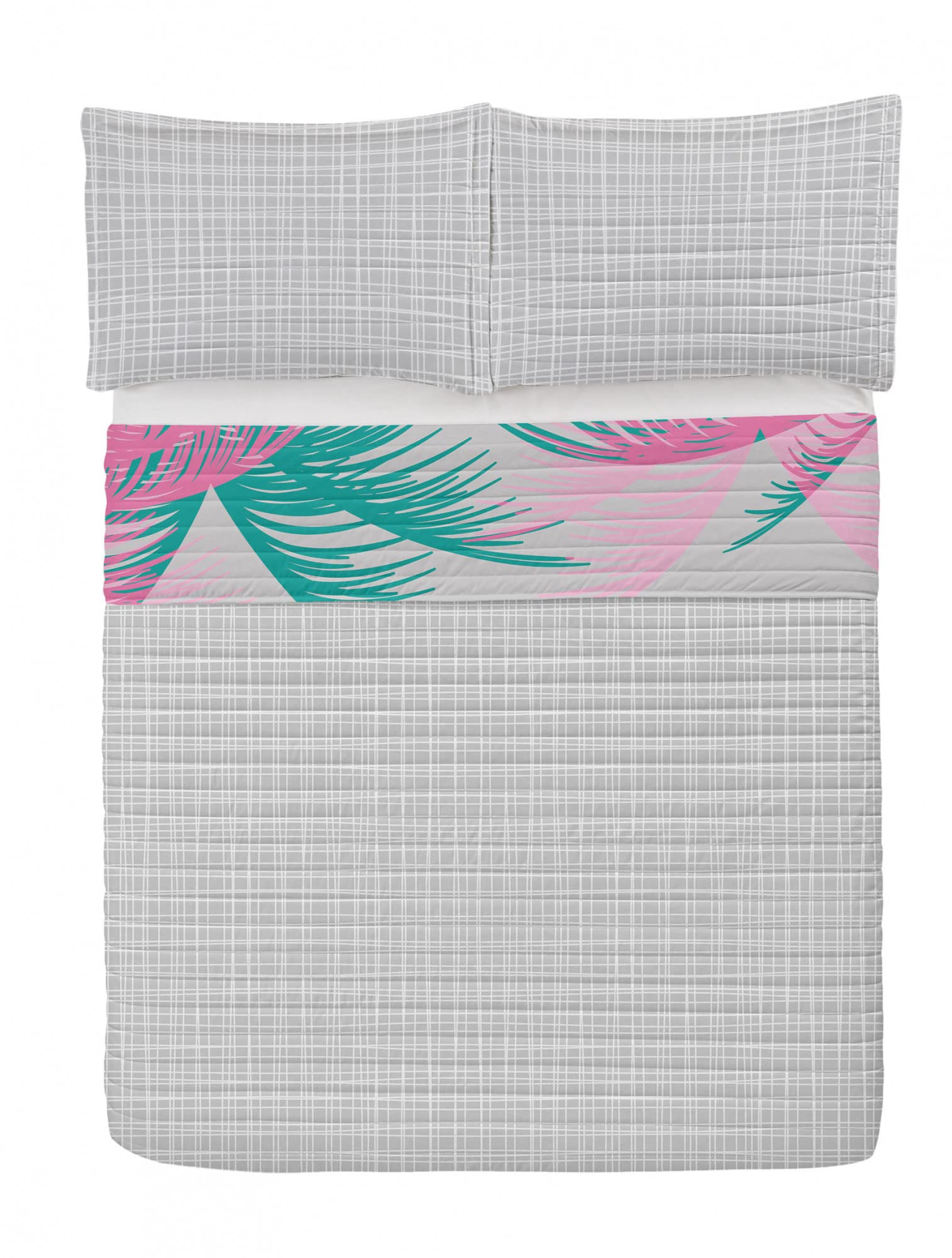 Ambesonne Reversible Queen Size Bedspread Set - Vibrant Pink & Green Palm Leaf Beach Theme, Includes Comforter & Pillow Shams | Soft Microfiber Bedding for Coastal Decor, Boho Chic Bedroom, Summer Parties