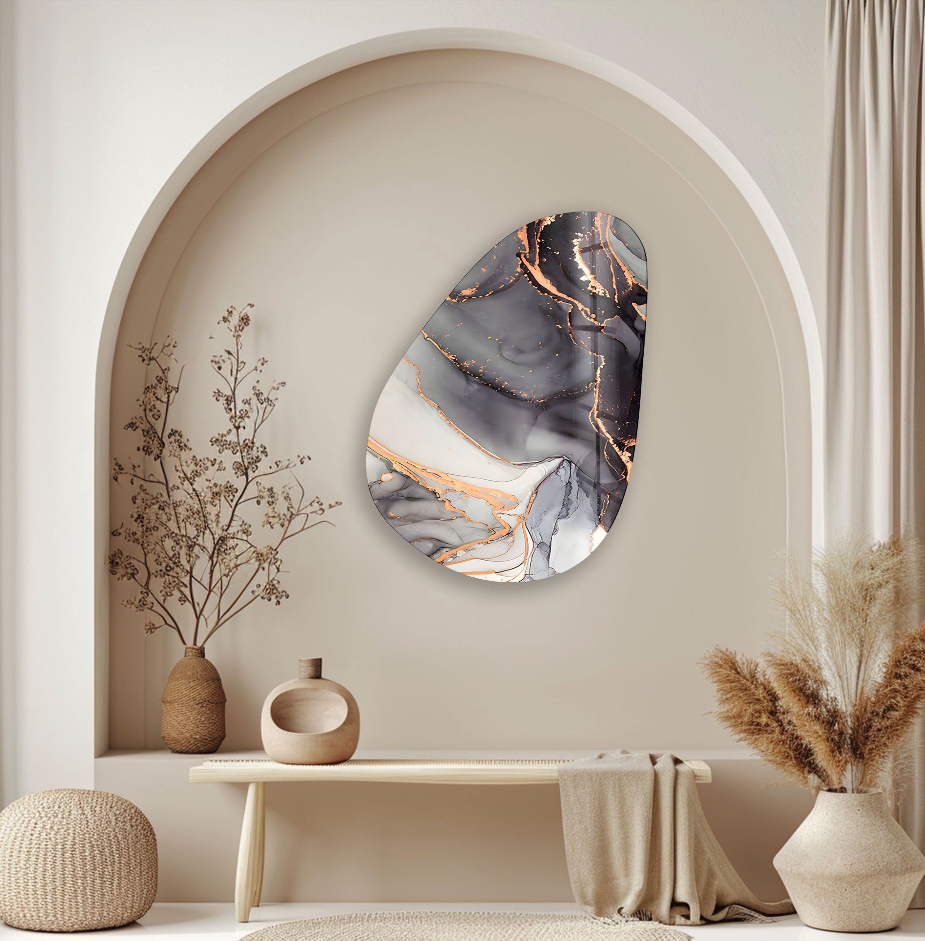 Asymmetrical Oval Black White Golden Glass Wall Art - Modern Abstract Home Decor for Living Room, Bedroom, Office | Unique Handmade Glass Artwork