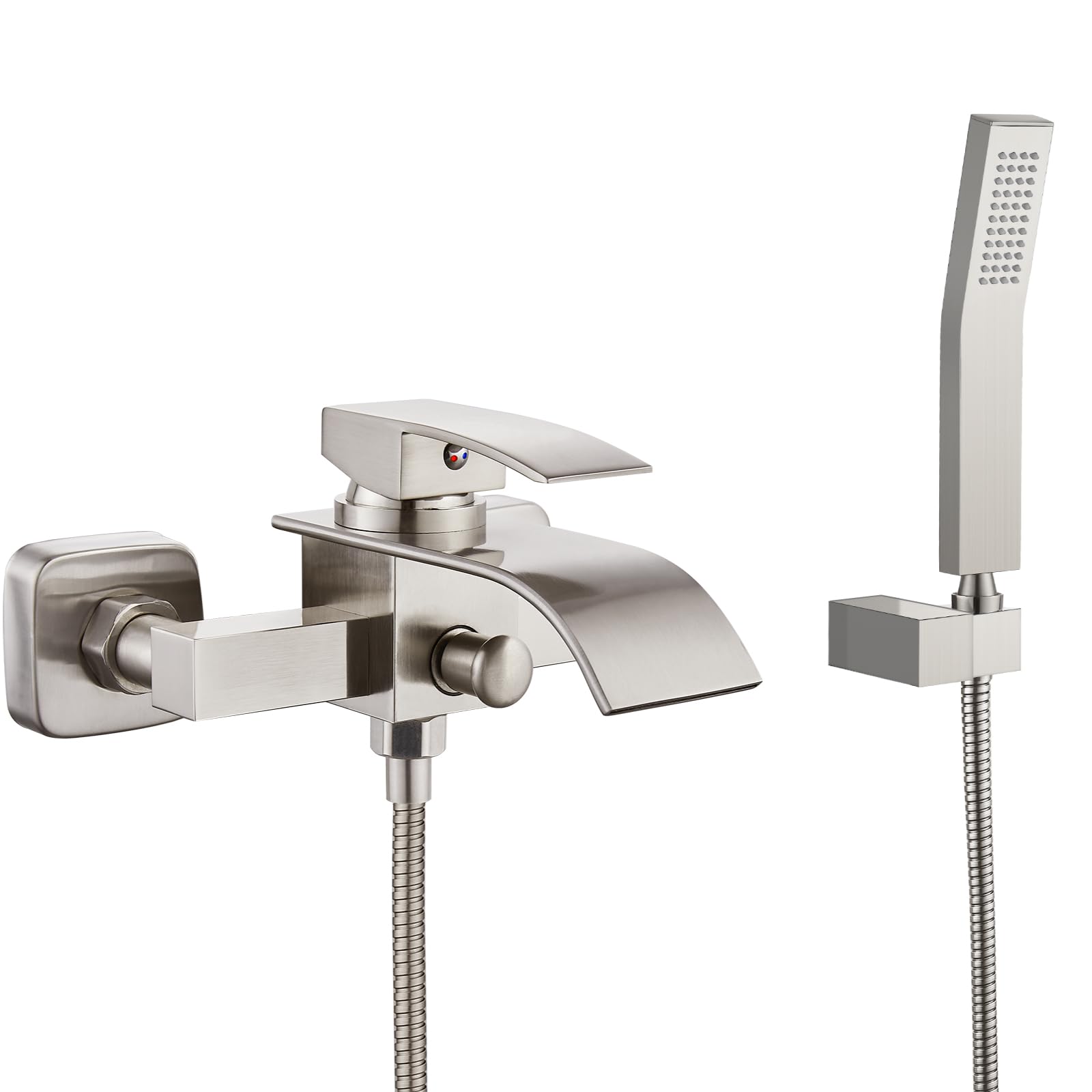 Midanya Wall Mount Bathtub Faucet with Handheld Shower - Brushed Nickel Single Handle Waterfall Tub Filler - Commercial Grade Bathroom Mixer Tap with Curved Spout & Hand-Shower System | Perfect for Spa-Like Bathing Experience & Modern Bathroom Decor