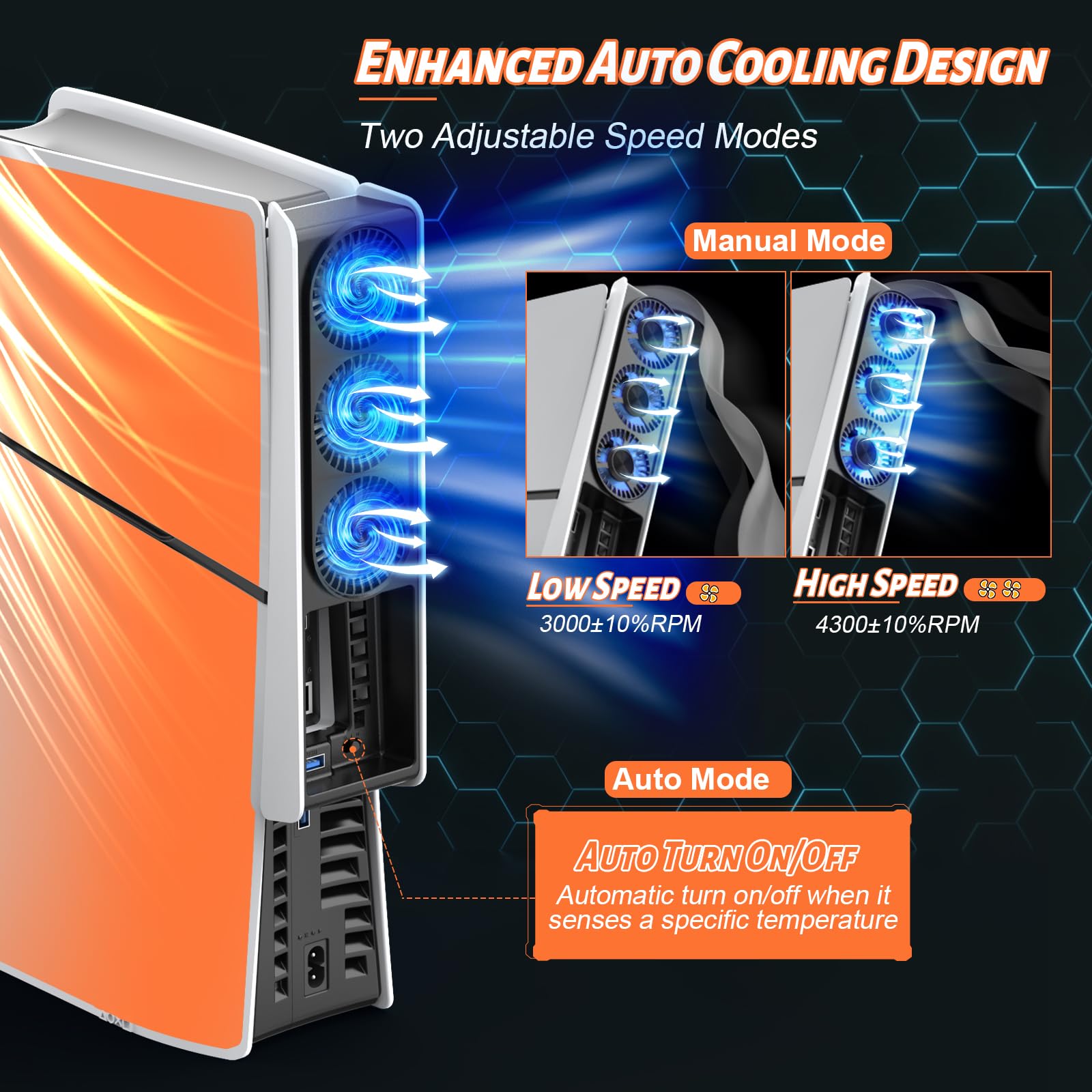 PS5 Slim Cooling Fan with Auto Temperature Sensor & 2-Speed Adjustable - USB 3.0 Hub Cooling Station Accessory for PS5 Slim Digital & Disc Edition - Perfect for Gaming Sessions & Overheating Prevention