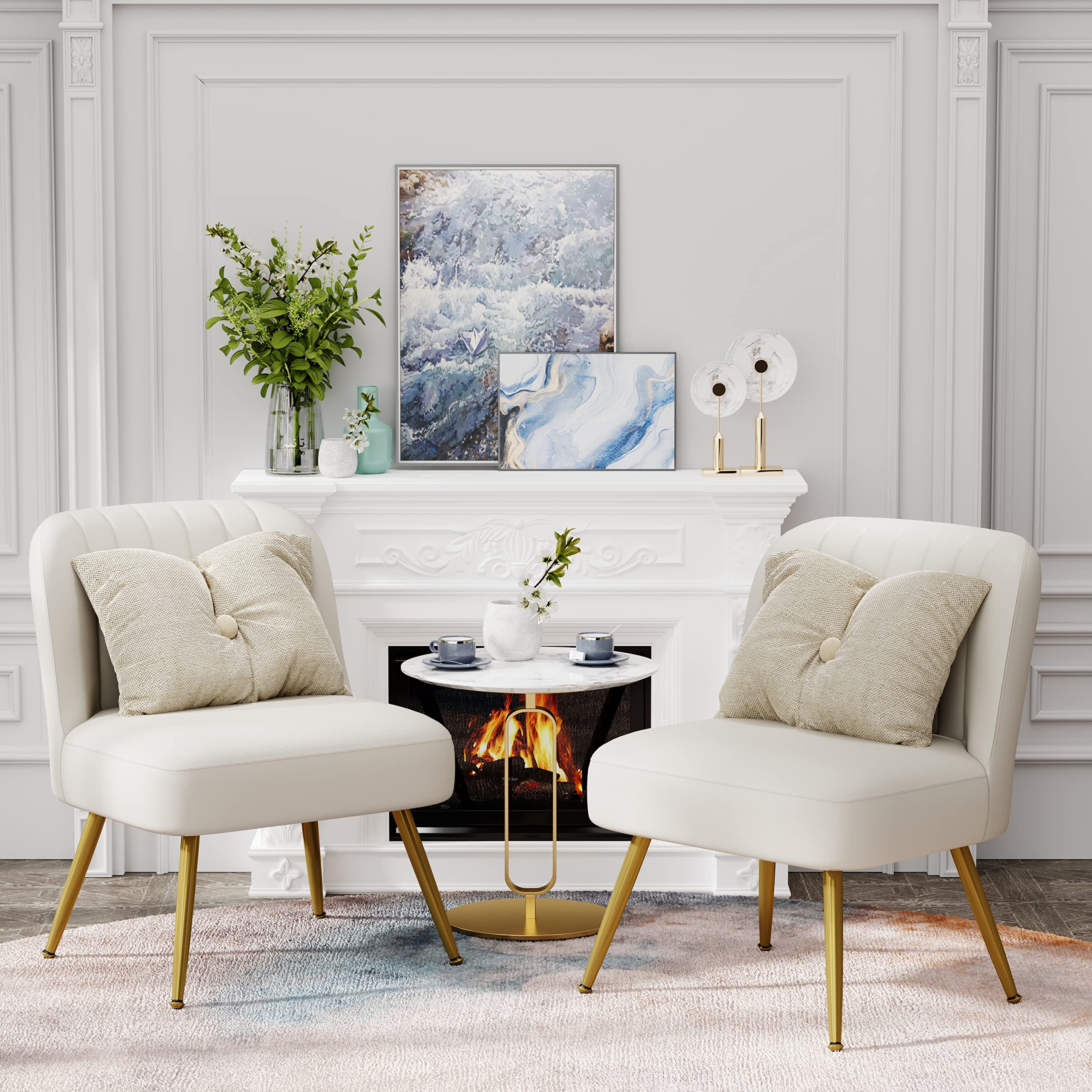 Andeworld 2-Piece Modern Accent Chair Set - Faux Suede Upholstered Armless Living Room Chairs with Golden Legs, Elegant Small Side Club Chairs for Bedroom, Living Room & Office - Beige