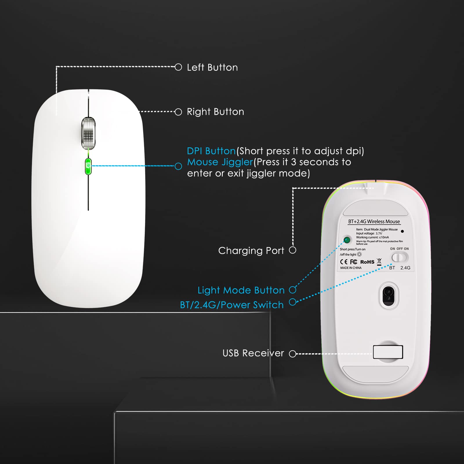 Wireless Rechargeable Gaming Mouse - Lightweight Honeycomb Design with RGB Backlit, Ergonomic Grip & USB Receiver for PC, Mac, Laptop - Perfect for Esports, FPS Games & Office Work (White)