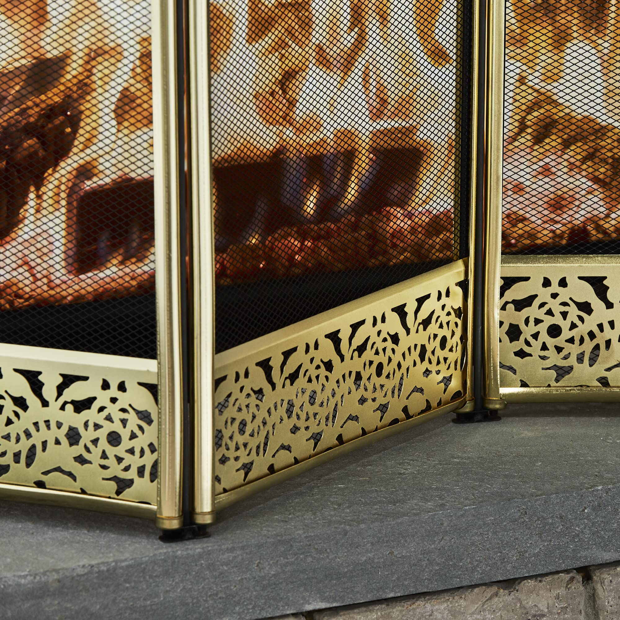 4 Panel Brass Fireplace Screen with Decorative Filigree - Elegant Fireplace Safety Guard for Living Room, Bedroom & Office - Heat Resistant & Stylish Home Decor Accessory