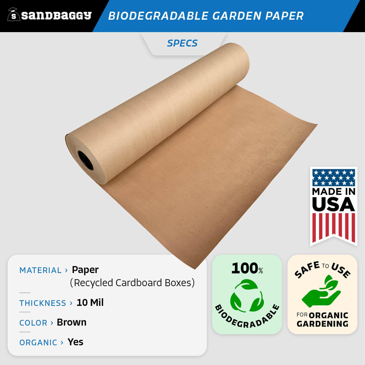 Biodegradable Landscape Fabric for Weed Control - Eco-Friendly Garden Paper Mulch Roll (3ft x 475ft) - Made in USA | Perfect for Organic Gardening, Vegetable Beds & Sustainable Landscaping