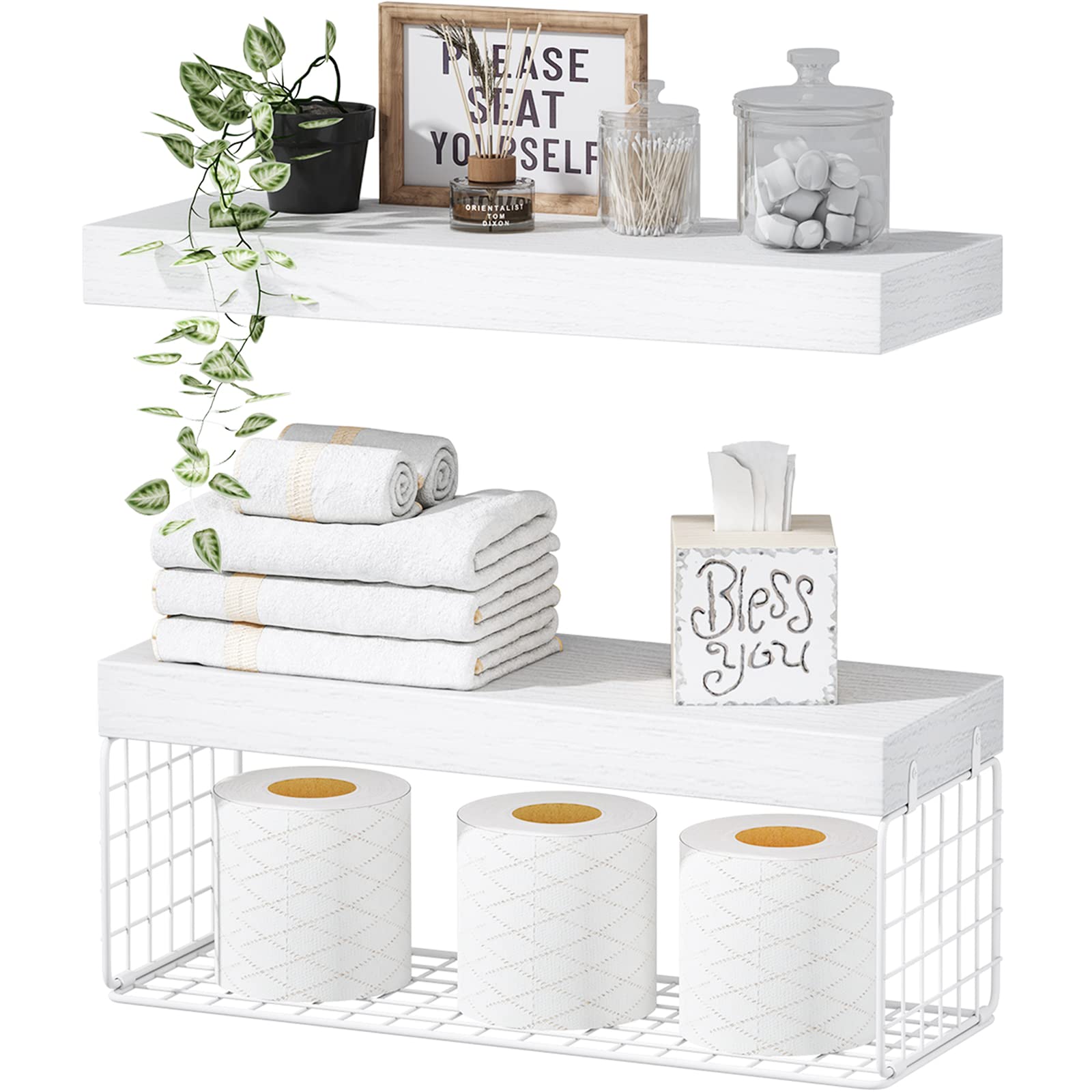 White Floating Bathroom Shelves Over Toilet - 16 Inch Wall Mounted Farmhouse Shelves Set of 2 with Toilet Paper Storage - Perfect for Small Bathrooms, Powder Rooms & Farmhouse Style Decor