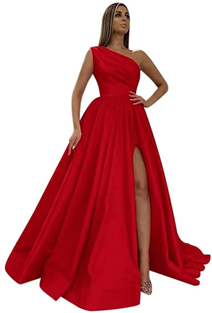 Elegant One Shoulder Prom Dresses for Women - Satin Long A-Line Evening Gown with High Side Slit - Perfect for Formal Parties, Homecoming, and Special Occasions