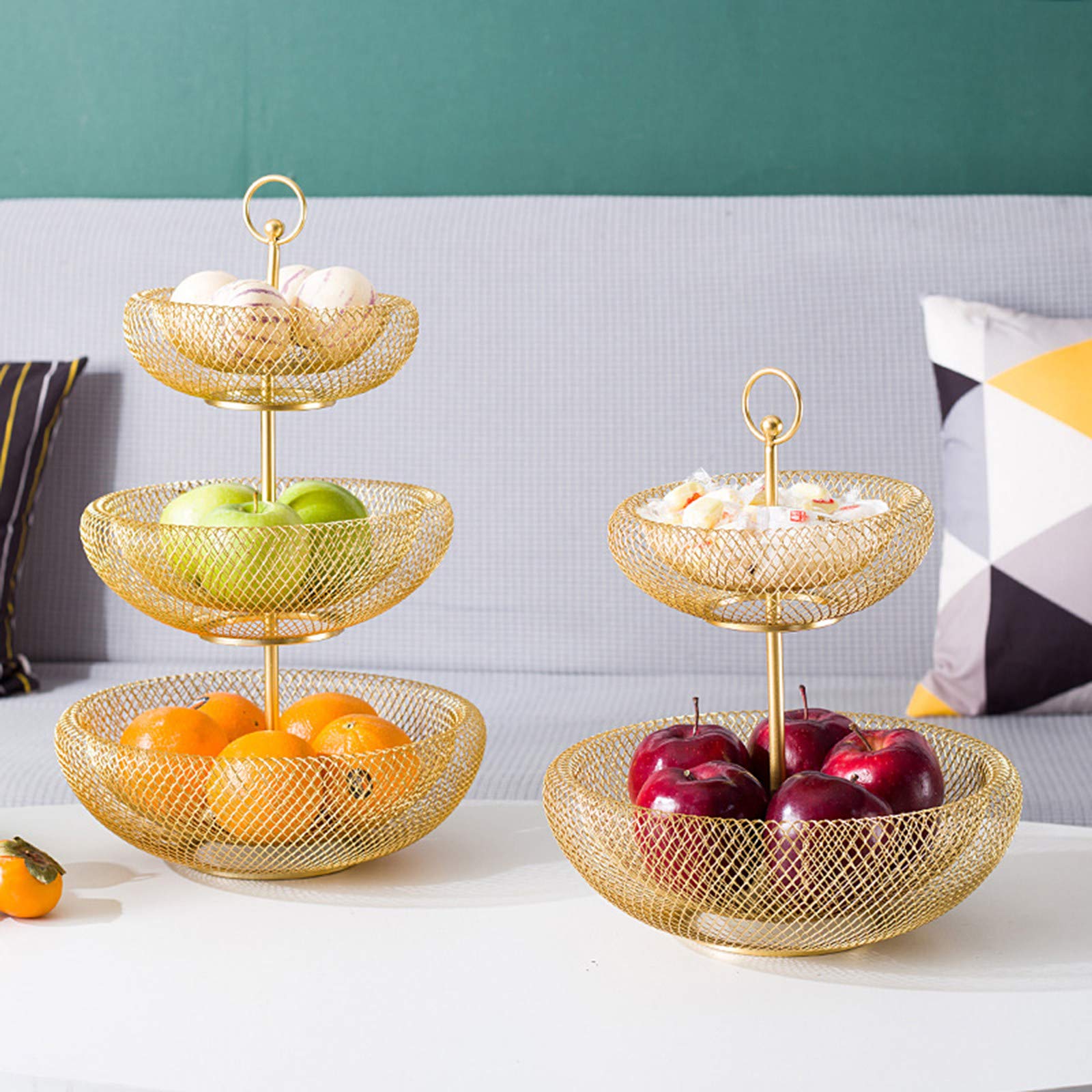2-Tier & 3-Tier Gold Metal Wire Fruit Basket - Modern Nordic Style Countertop Organizer for Fruits, Vegetables & Bread - Perfect for Kitchen Counter, Dining Table & Pantry Storage