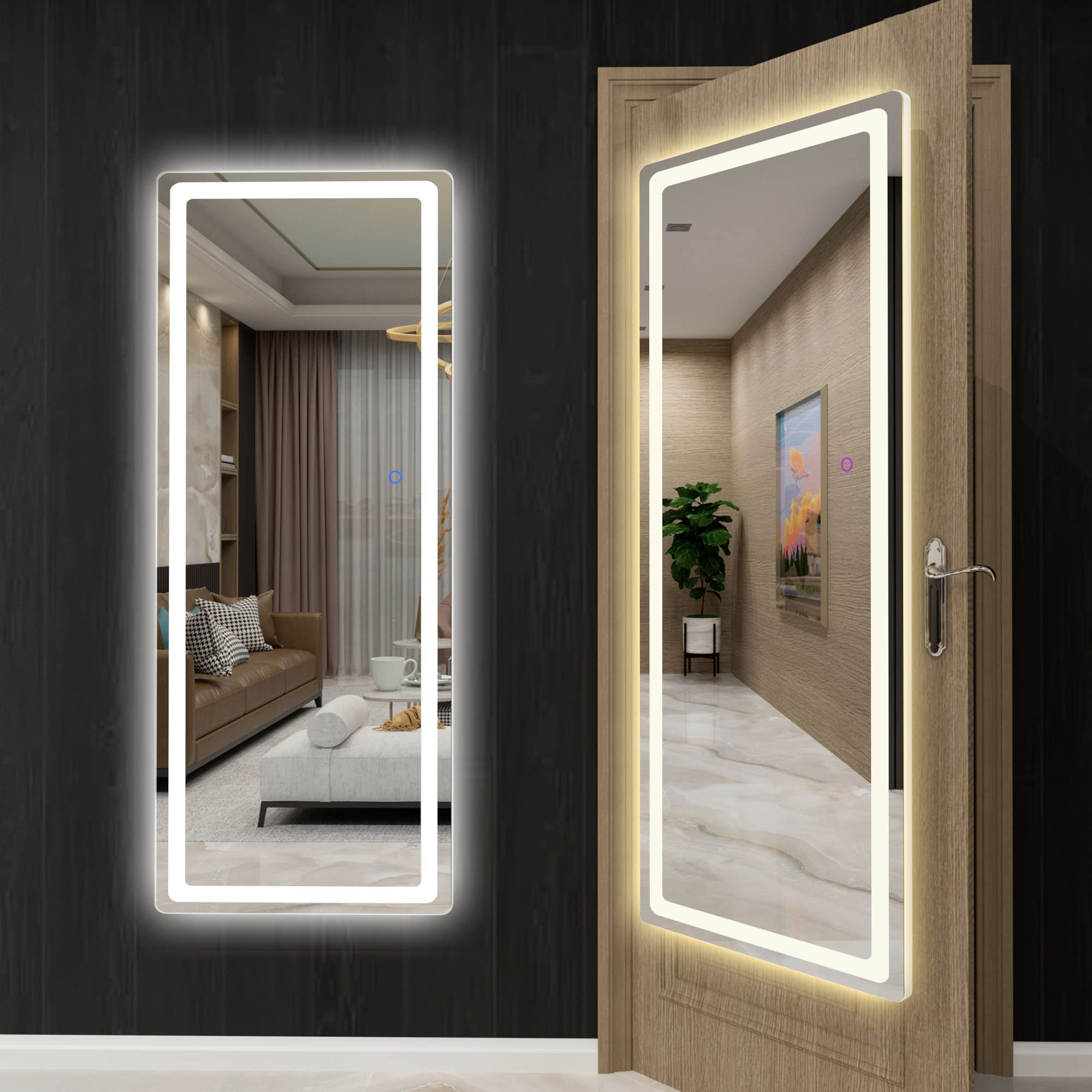 EVDINO 40x18 Inch LED Lighted Wall Mirror with Adjustable Brightness - Full Length Bathroom Vanity Mirror for Makeup Dressing - Over Door Hanging Mirror for Bedroom, Cloakroom & Home Decor