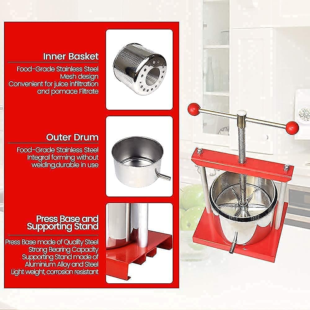 Premium Manual Fruit Press - 1.6 Gallon/6L & 1.8 Gallon/7L Dual Capacity for Cheese, Herbs, Wine Making - Heavy Duty Apple Crusher for Home Brewing & Juice Extraction