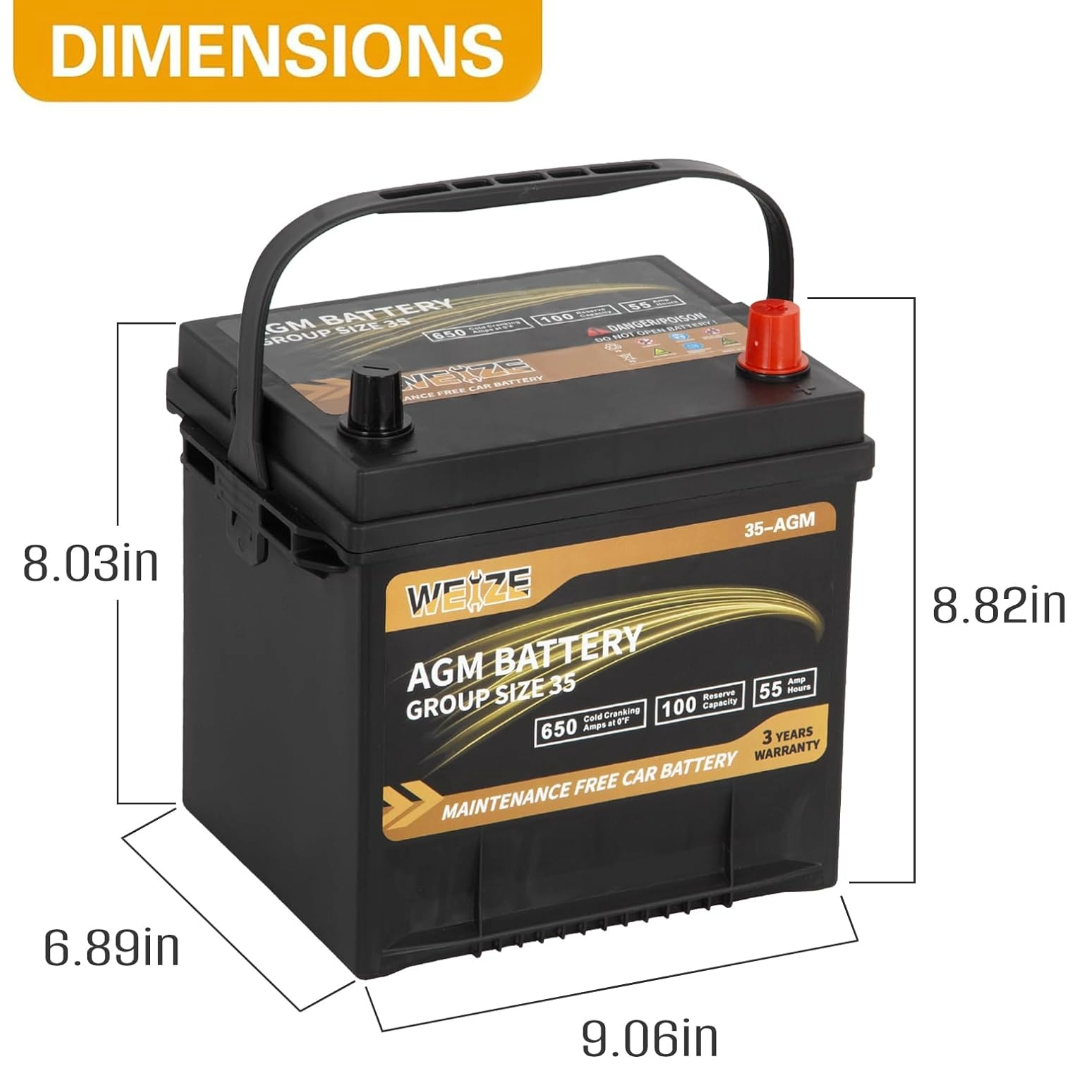 WEIZE Wise Series Group 35 AGM Car Battery - 12V 55Ah 650CCA Automotive Replacement Battery for Cars, Trucks & SUVs - Reliable Cold Cranking Power for All Weather Conditions