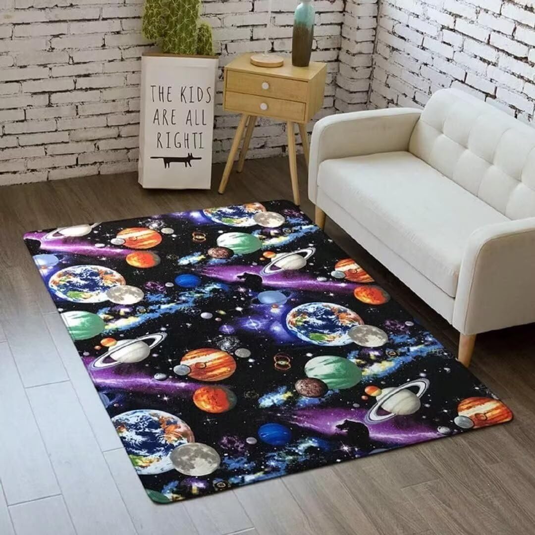 Solar System Cartoon Planets Print Washable Flannel Area Rug - Outer Space Themed Kitchen & Kids Bedroom Rug, 3'×5' - Perfect for Playrooms, Bedside & Home Decor