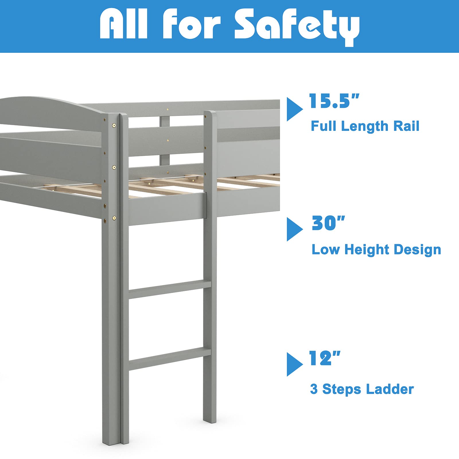 Costzon Twin Loft Bed with Storage - Solid Wood Low Bunk Bed with Guard Rail & Ladder for Kids - Space-Saving Bedroom Furniture for Boys & Girls - No Box Spring Needed - Classic Gray Children's Loft Bed - Perfect for Small Rooms, Dormitories & Shared Kids' Bedrooms