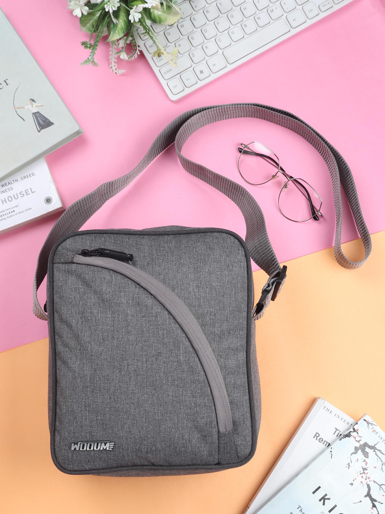 Wooum Sling Bag Cross Body Messenger Bag - Compact Size 10x8x4 Inch (Tgrey) - Water-Resistant with 4 Zipper Compartments, Adjustable Strap & Tablet Holder - Large Capacity for Travel, Work & Daily Use