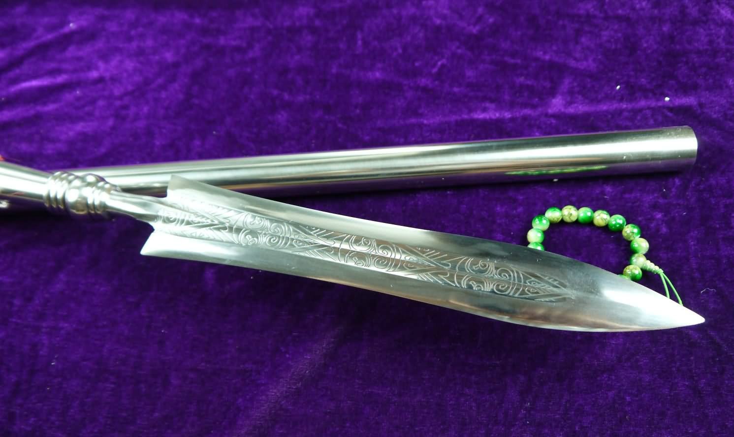 Handmade Stainless Steel Taiji Spear - Traditional Wushu Martial Arts Weapon with Carved Patterns & Detachable Steel Pipe - Perfect for Kung Fu Training, Tai Chi Practice & Martial Arts Performances