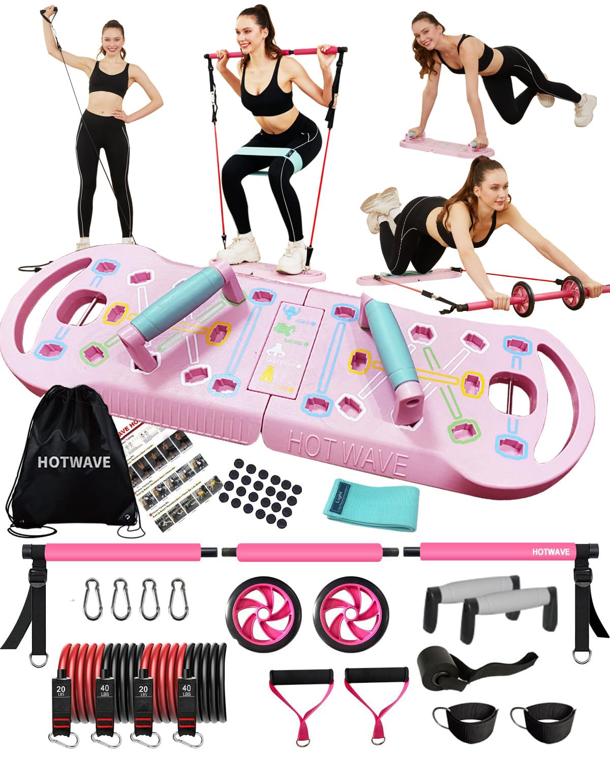 HotWave 20-in-1 Portable Home Gym Equipment Set with Push Up Board, Resistance Bands & Ab Roller Wheel - 16 Premium Fitness Accessories for Full Body Workout at Home, Office or Travel