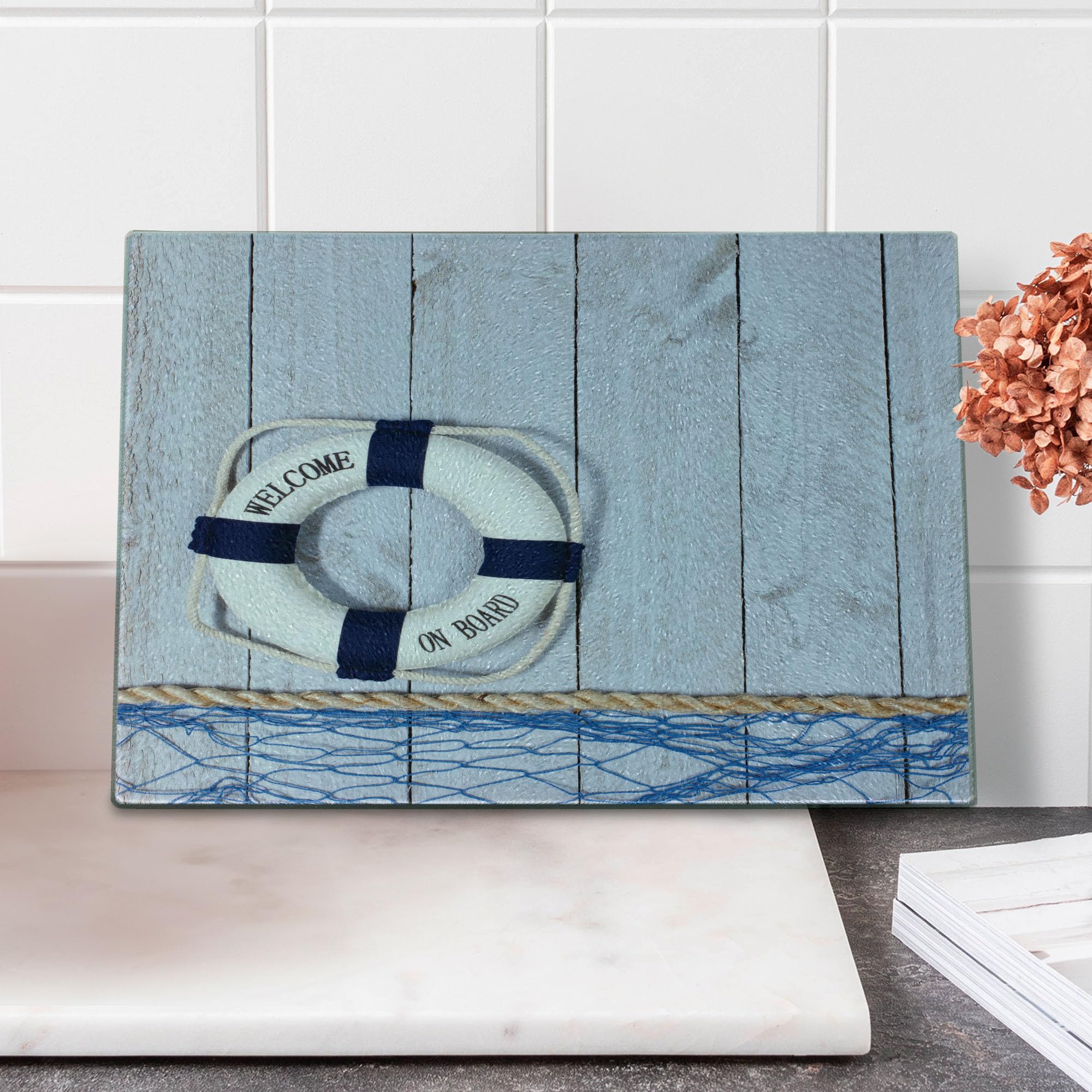 Ambesonne Coastal Themed Cutting Board - Welcome on Board Greeting Message, Holiday Seaman Sailing Maritime Decor - Tempered Glass Serving Board for Cheese, Charcuterie & Appetizers - Small Size (Taupe, Cream, Navy Blue) - Perfect for Nautical Kitchen Decor, Beach House Entertaining & Coastal Themed Parties