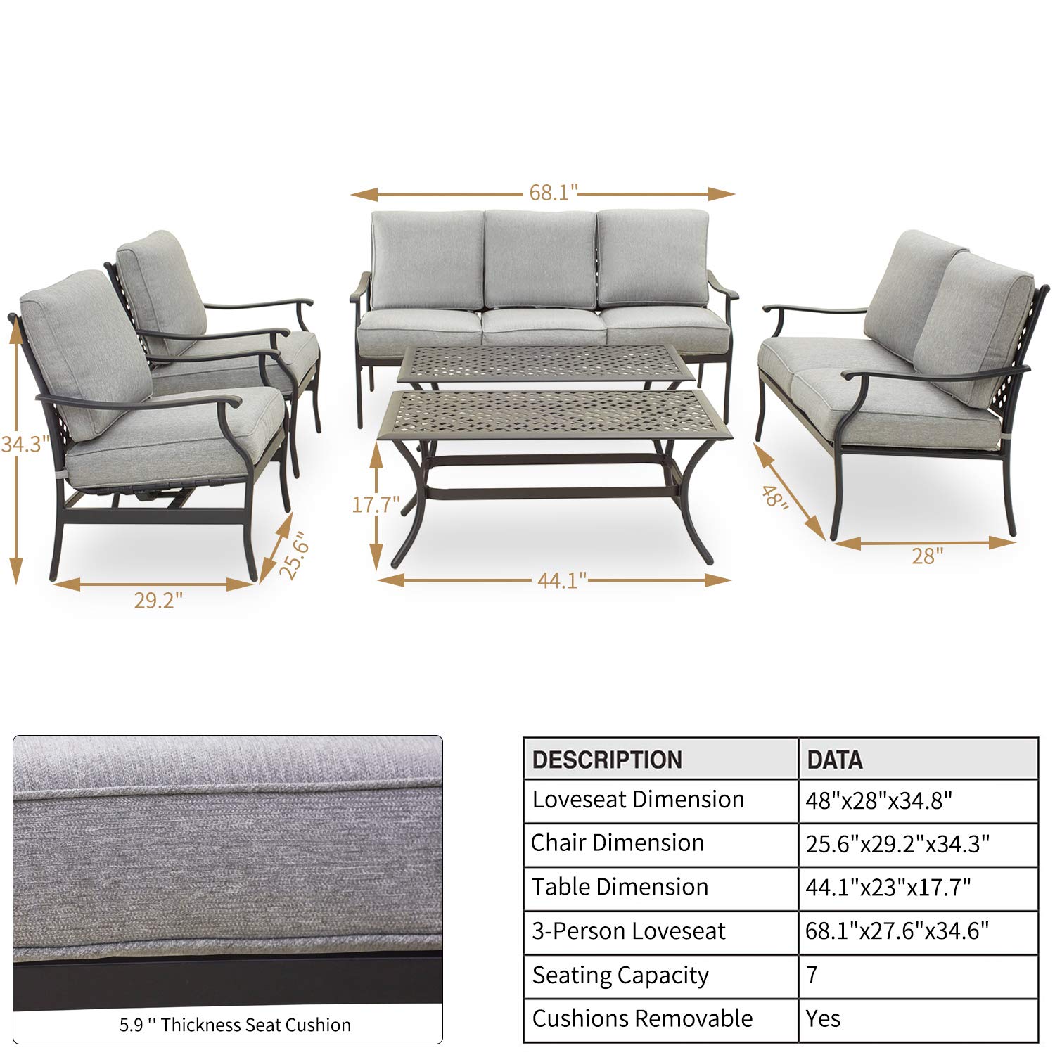 PatioFestival 6-Piece Metal Outdoor Conversation Set with Grey Thick Cushions - Durable Patio Furniture for Garden, Backyard, and Poolside Relaxation