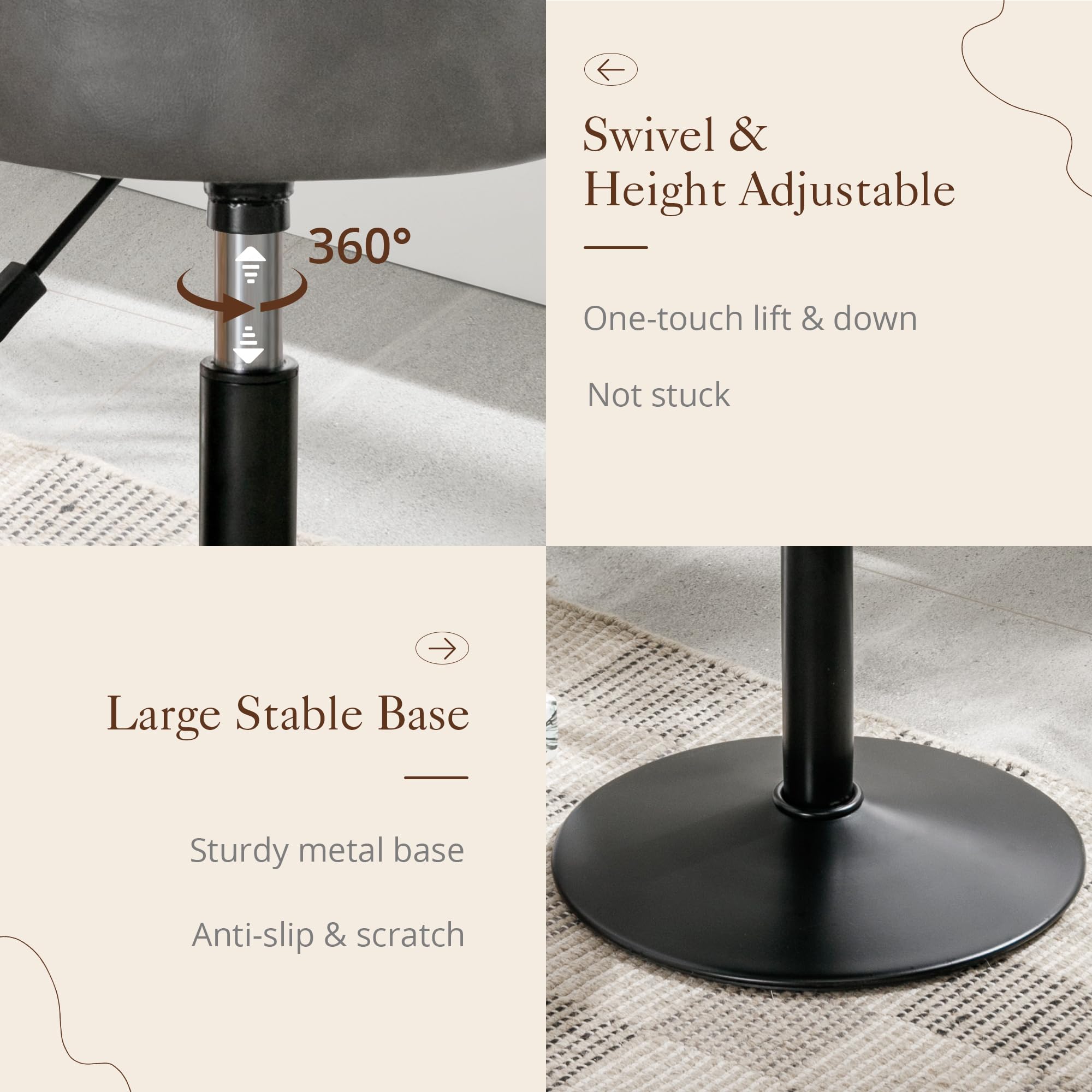 LUE BONA Adjustable Vanity Stool with 360° Swivel - Small Faux Leather Makeup Chair Stool for Bathroom, Bedroom & Living Room - Grey Modern Vanity Seat for Dressing Table, Beauty Salon & Home Decor