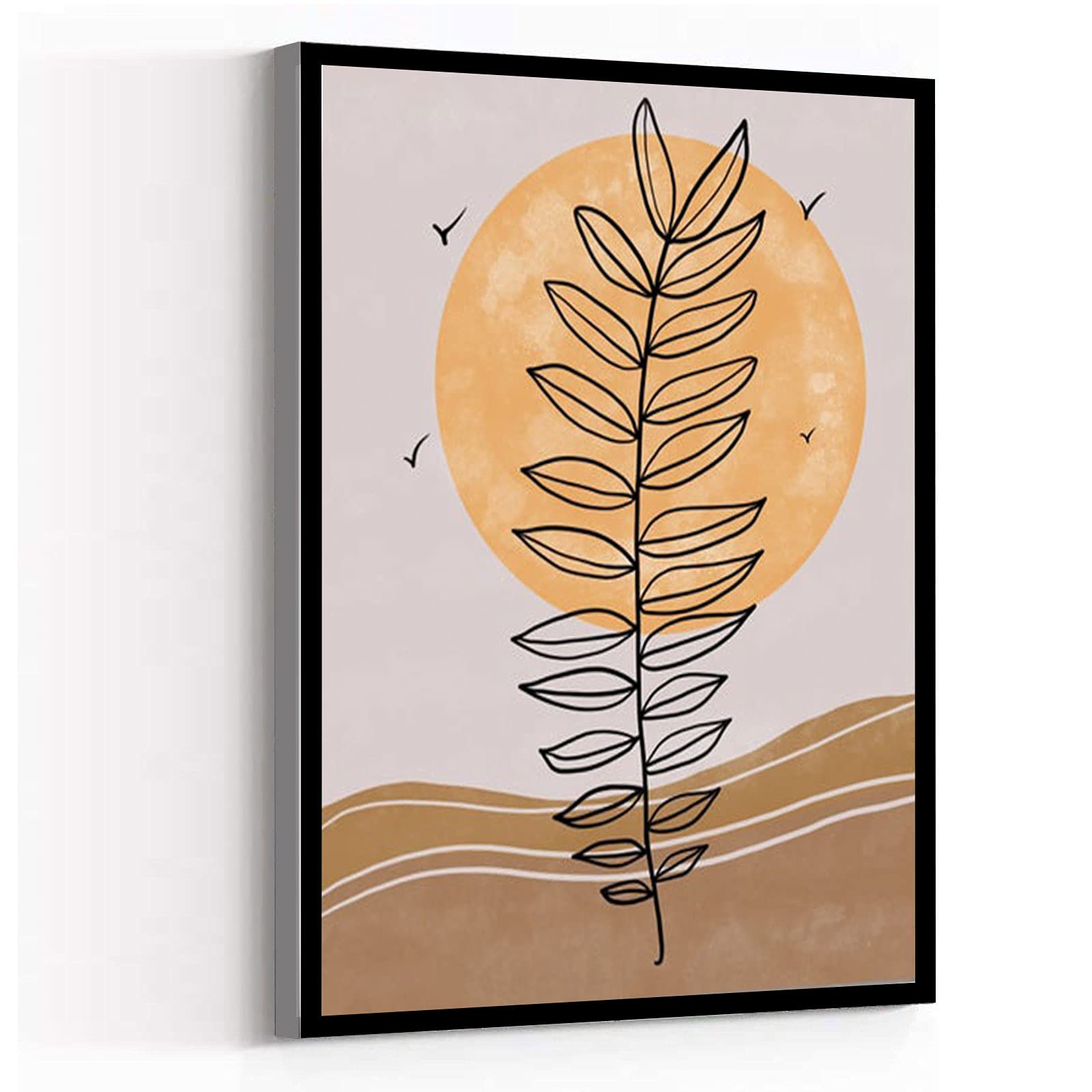 16''x24'' Framed Modern Canvas Wall Art - Wooden Leaf Design, Sun & Morning Theme, Printable Leafy Illustration for Living Room, Bathroom & Home Decor | Perfect for Farmhouse, Boho & Nature-Inspired Spaces