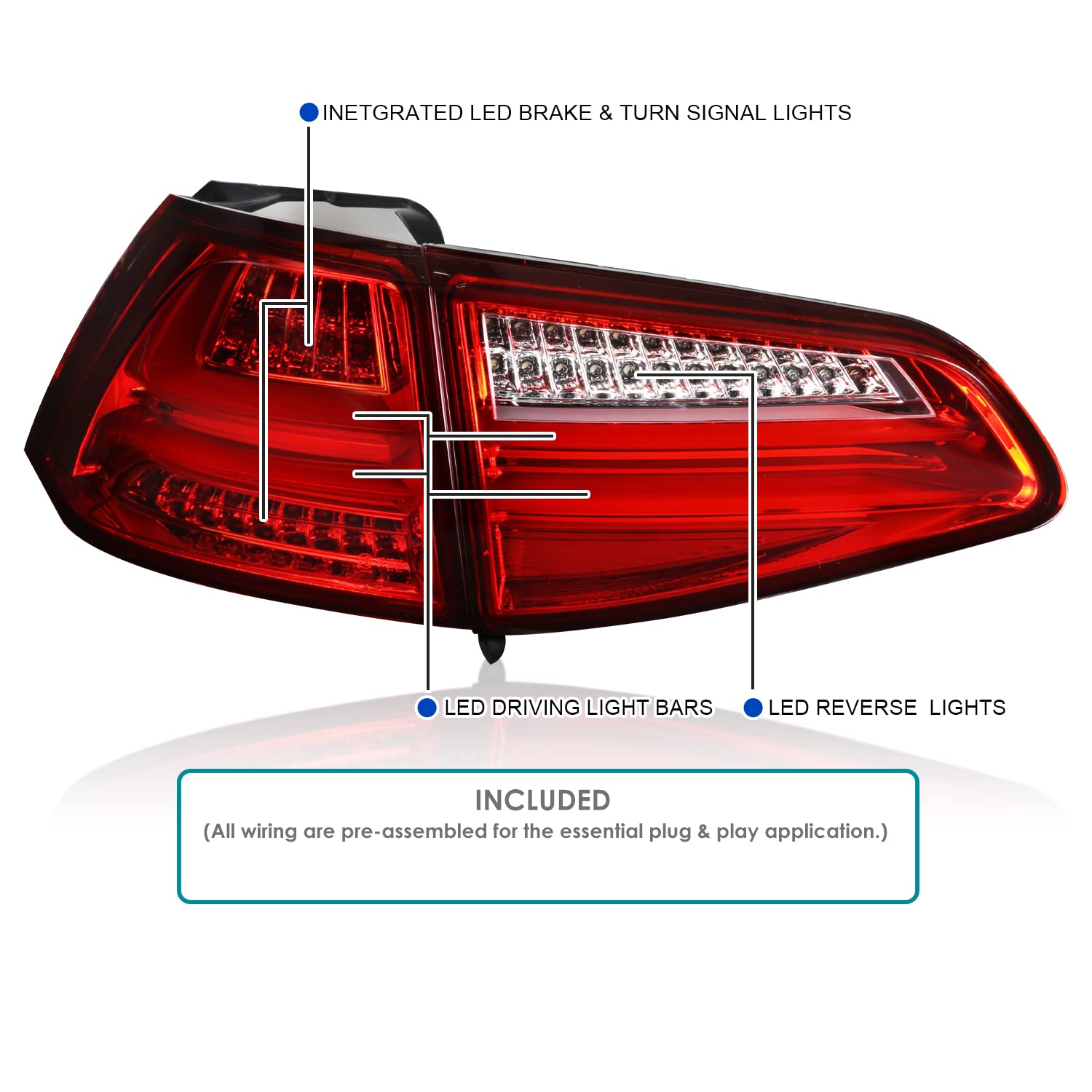 Spec-D Tuning Red LED Bar Tail Lights for 2015-2017 Volkswagen Golf GTI - Left & Right Pair Assembly - Enhanced Night Visibility & Style Upgrade for Your GTI