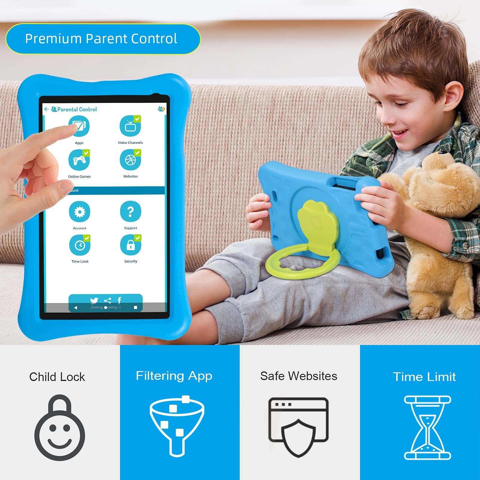 10.1 Inch HD Kids Tablet with KIDOZ App - Android 13, 12GB RAM (4+8 Expandable) & 128GB Storage - Includes Touch Pen & Drop-Proof Case - Perfect for Learning, Games & Entertainment - Blue