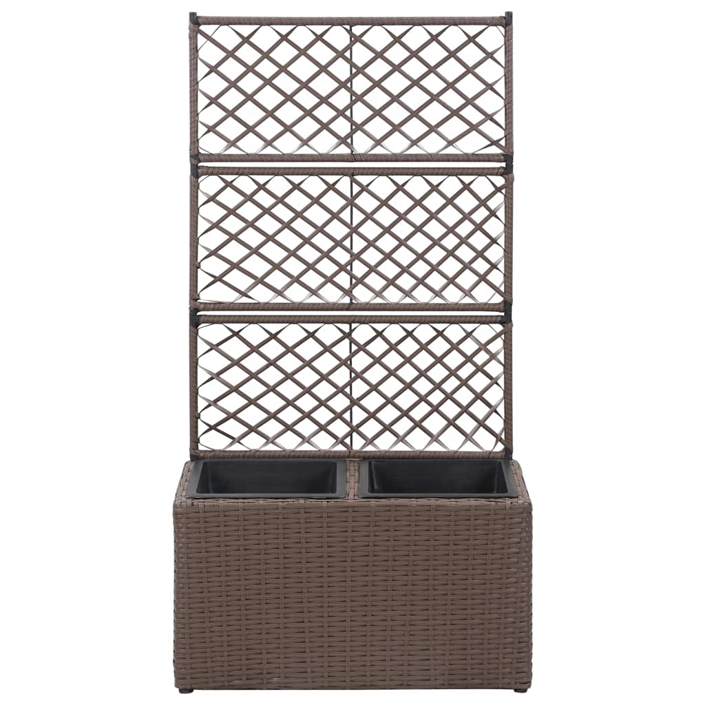 CHARMMA Trellis Raised Garden Bed with 2 Plant Pots - 22.8x11.8x42.1 Inches Poly Rattan Planter Box - Brown Outdoor Gardening Solution - Perfect for Small Spaces, Balconies & Patios
