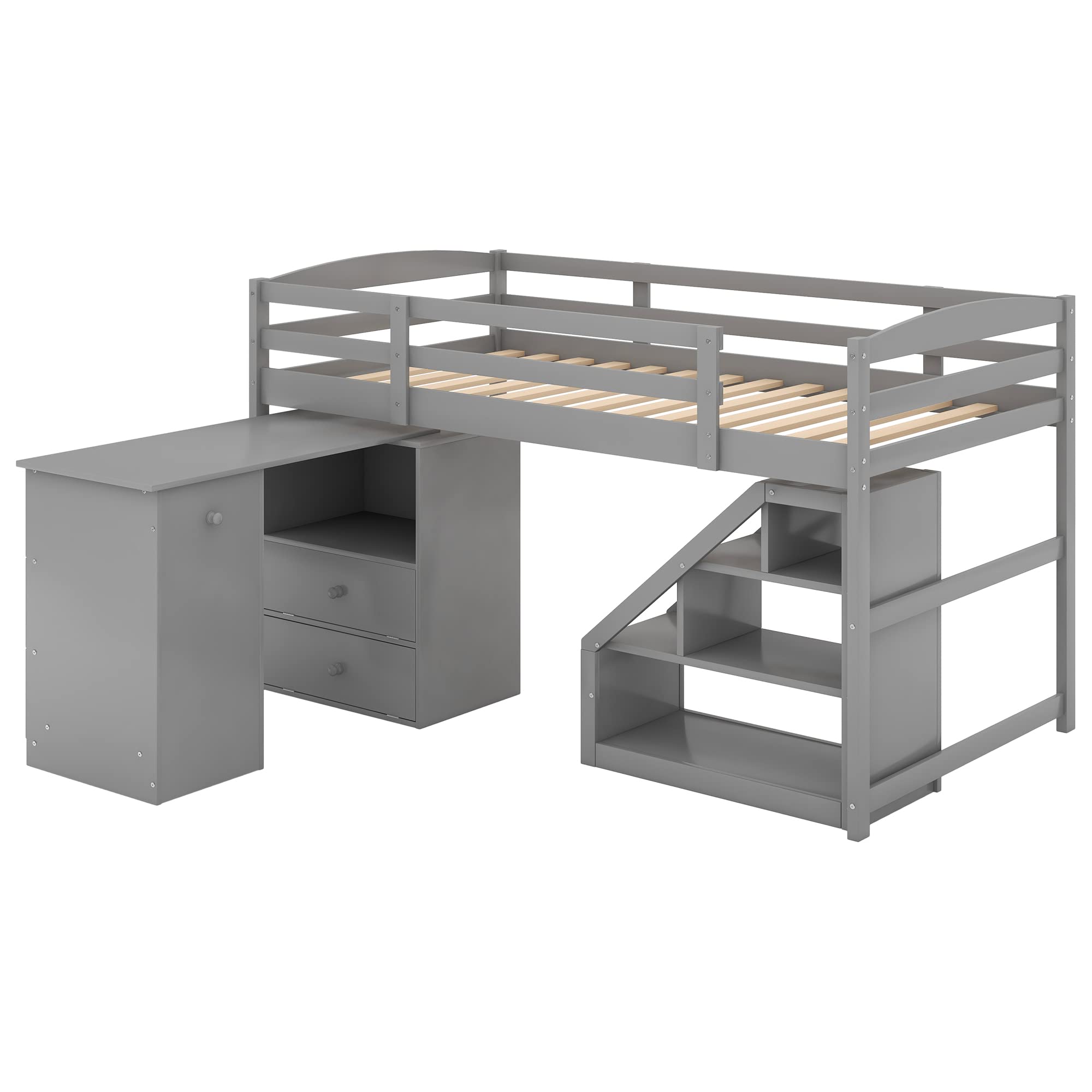 Twin Size Loft Bed with Built-in Desk & Staircase - Space Saving Multifunctional Furniture for Kids & Teens - Perfect for Small Bedrooms, Dorms & Apartments - Gray (Old SKU: GX000925AAK)