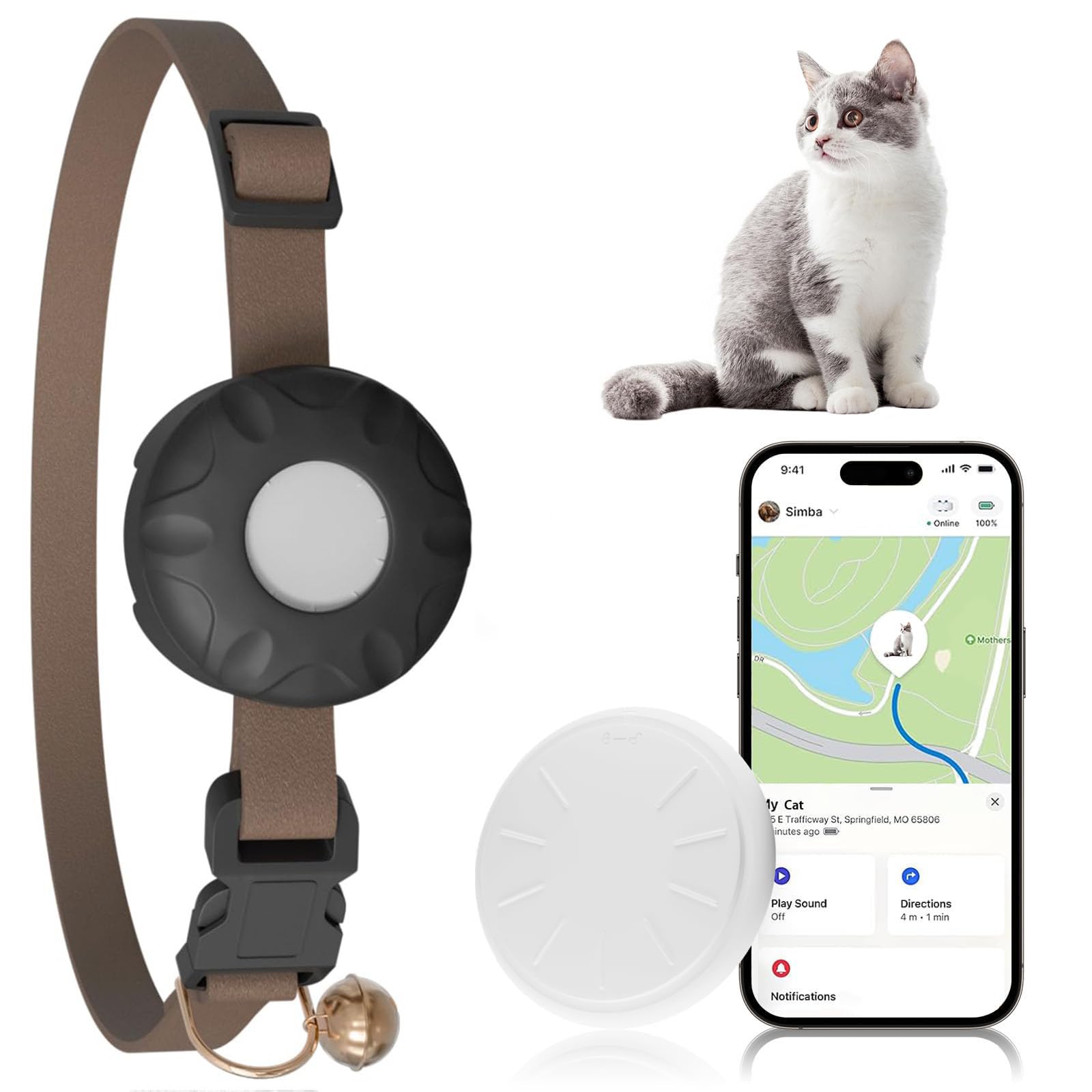 GPS Cat Tracker Collar with No Monthly Fee - Waterproof Pet Location Device for Cats (iOS Only) | Works with Apple Find My App | Includes Safety Elastic Buckle & AirTag | Perfect for Outdoor Adventures & Lost Pet Prevention (Brown)