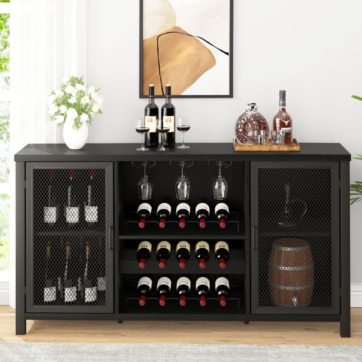 IBF 55 Inch Black Oak Industrial Coffee & Liquor Cabinet with Wine Rack Storage - Farmhouse Style Kitchen Buffet for Home, Living Room & Dining Room | Perfect for Entertaining Guests & Organizing Beverages